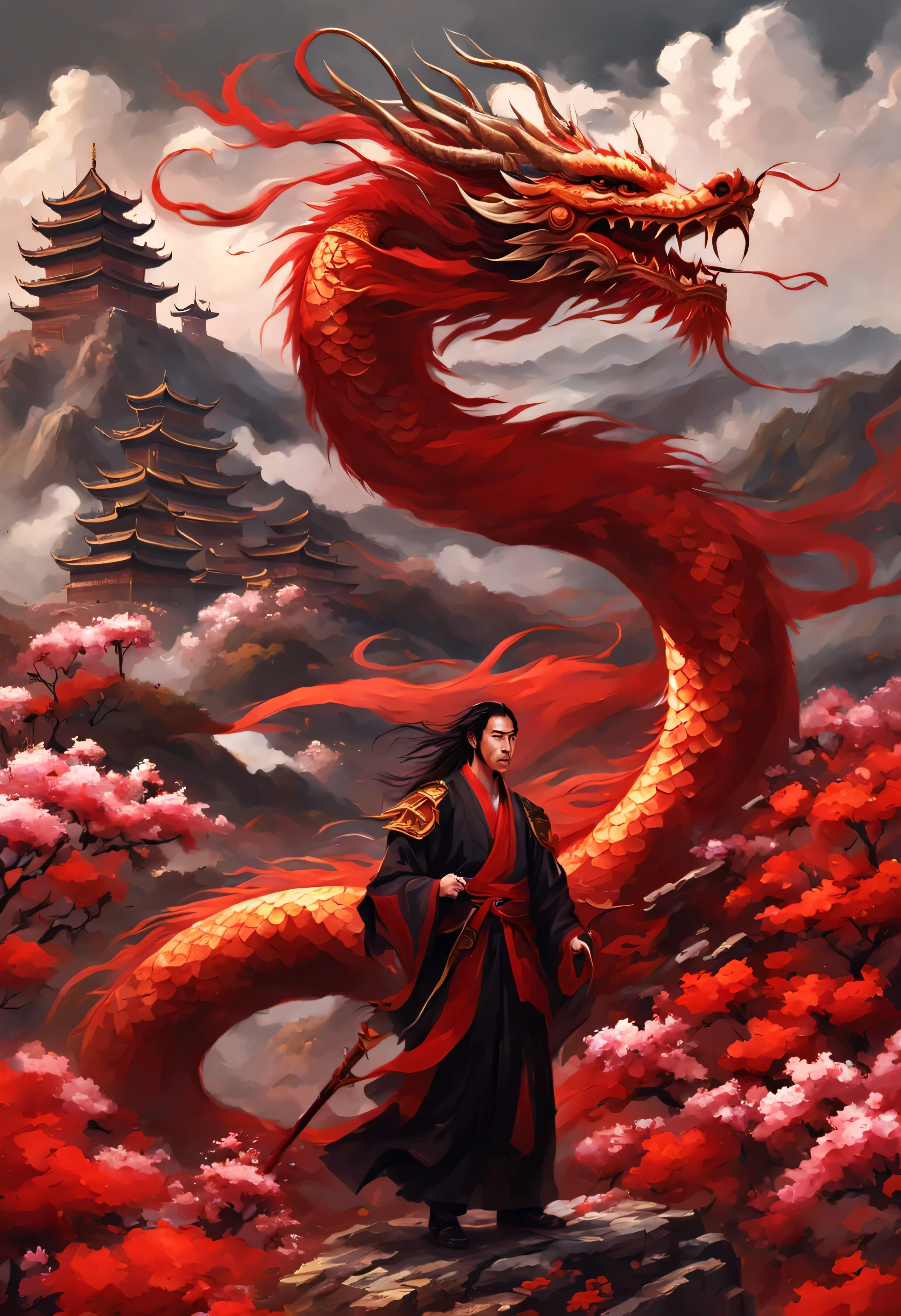 Chinese dragon,  arms, sword, Keep, Keep arms,Red and black clothes, man, long hair, cloud, permanent,  HILL  , flowers,art style impressionism