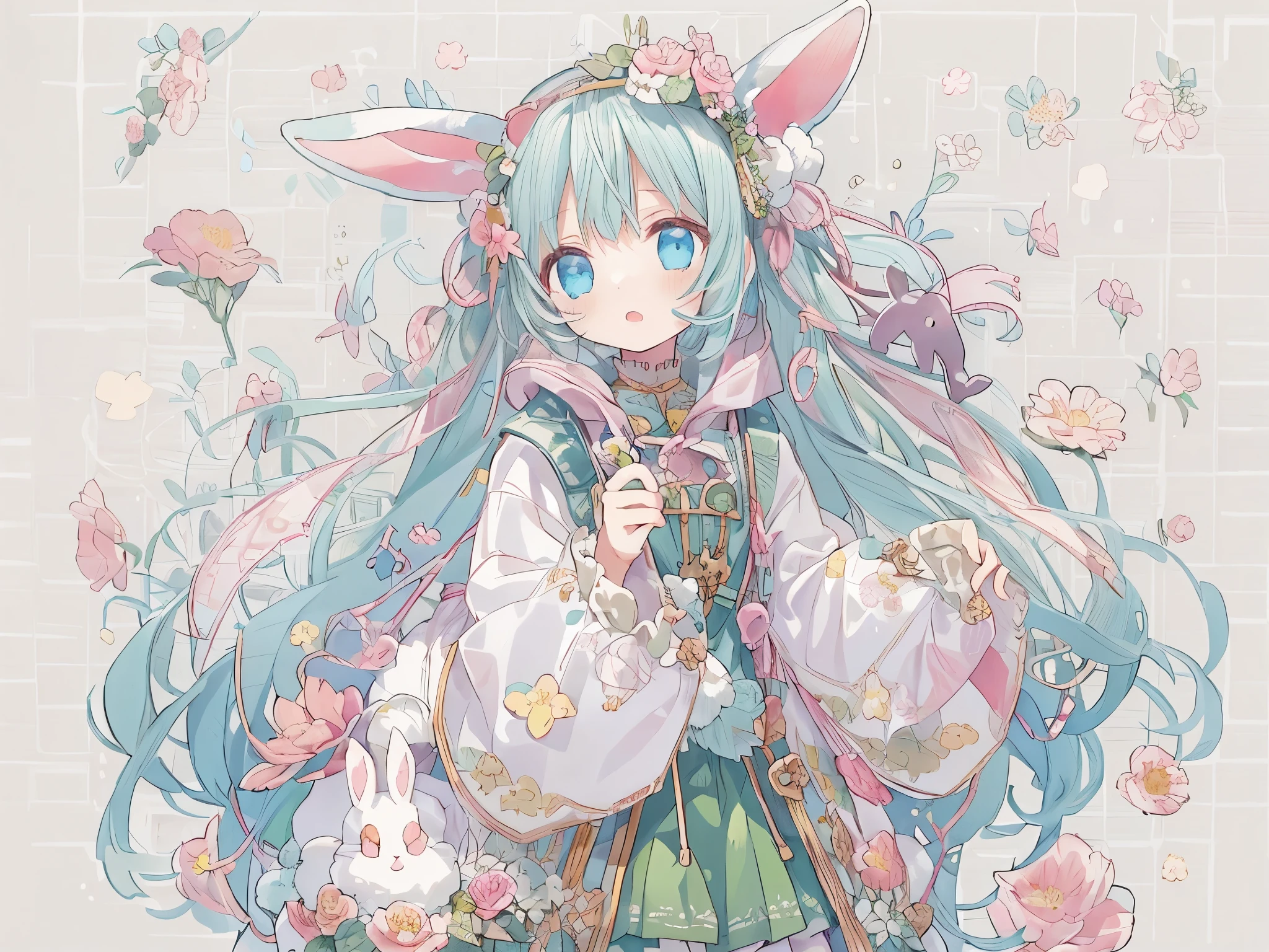 confused, High resolution, (An illustration: 1.3)、 ((pieces fly)), anime、((highest quality)), (Super detailed), (beautiful),  1 girl、Floral、twin tails、blush、hair ornaments、white background、rabbit ear hood、solo、Terboz、very long hair、hood up、long sleeve、twin tails、bangs、laughter、blue eyes、(Holding a cute detailed stuffed rabbit:1.2),Full body Esbian、simple background、pink flowers、standing、flowers in hair,mint hair color、12 year old girl