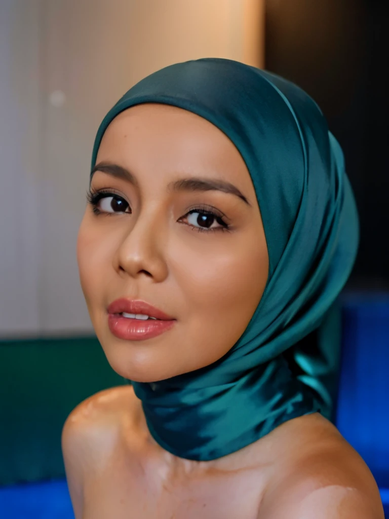 1 matured malay girl in hijab wear wet  green satin bra and panties kneeling, nighttime, neon city lights, upper body, close-up, seducing, big sagging breast, cum on face, (8k, RAW photo, best quality, masterpiece:1.2),(realistic, photo-realistic:1.37),