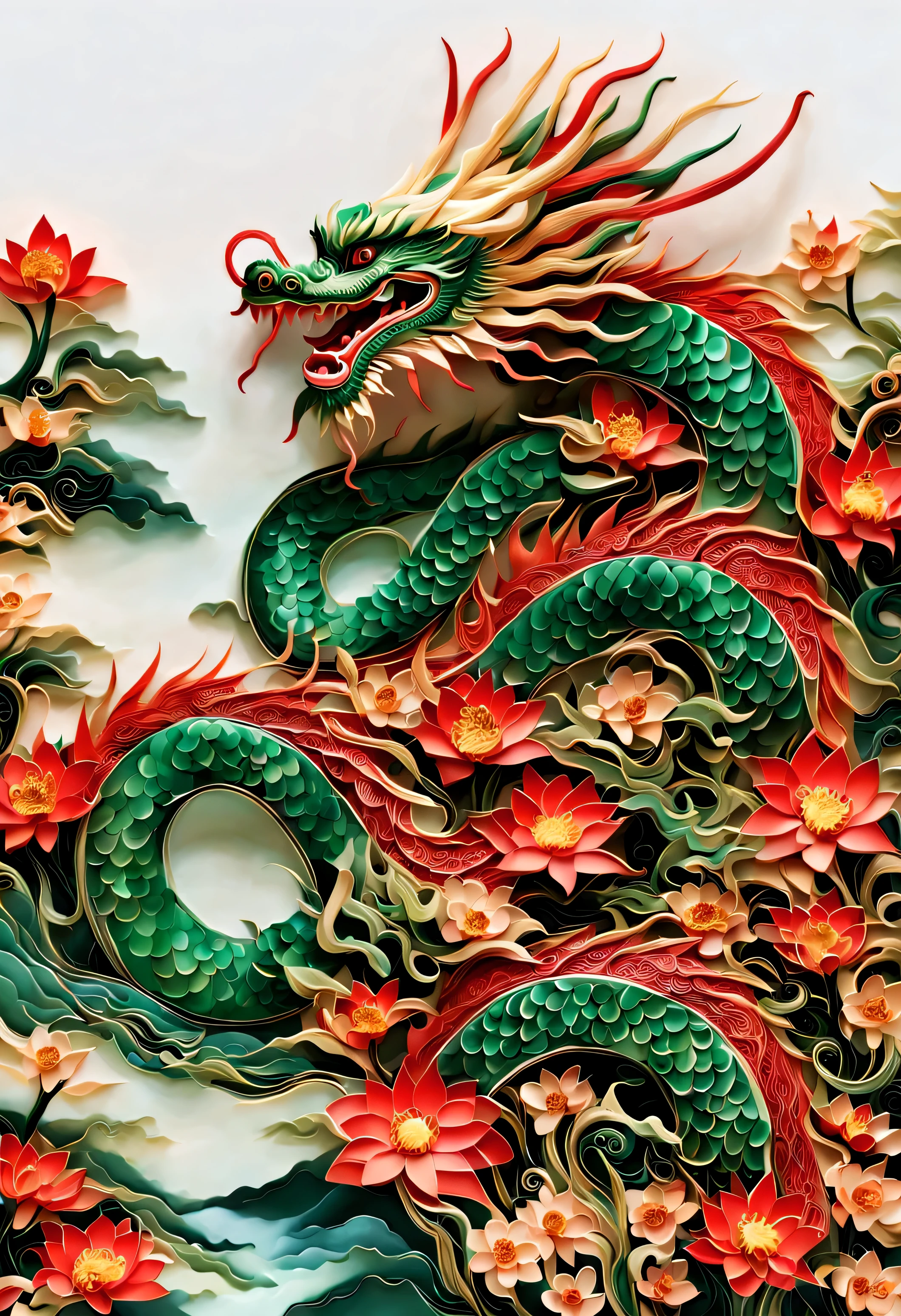 Image of red and green chinese dragon ,river,HILL, cloud,flowers ,The art of paper