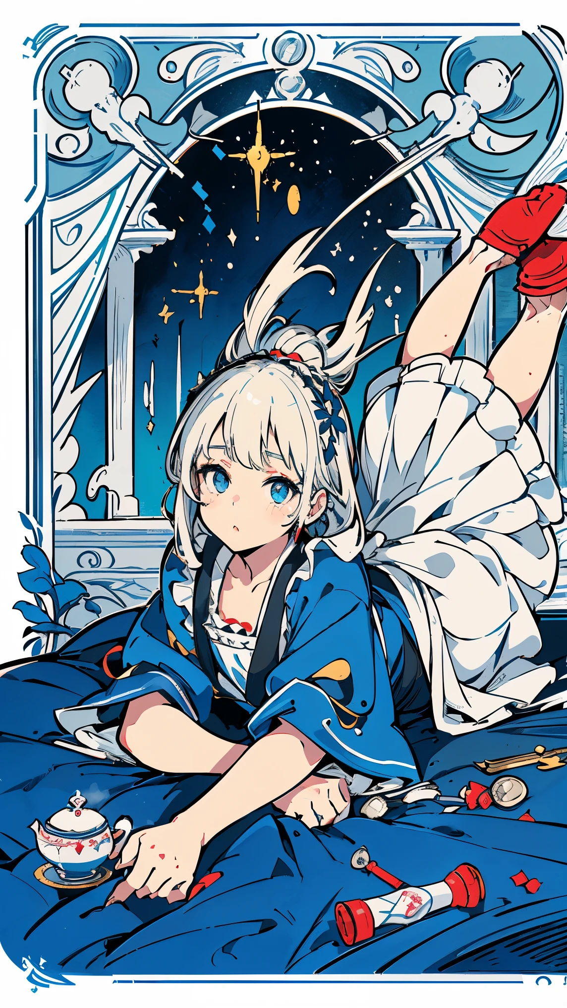(master piece, high-quality, Mystical, ideal ratio of body proportions), (ultra high resolution, 8K RAW photo, photorealistics, natural lighting, textile shading), wideshot photo:1.6, (1 beautiful anime girl:1.3, 16 years old, solo:1.5, milf:1.5, nsfw:1.25, full body:1.3), shinny skin, BREAK, ((alice in the wonderland:1.3, cuty, kawaii, lovely, funny, a girl falling down from sky:1.5, flying girl in sky:1.5, girl is floating in air:1.1, rolling up skirt by wind:1.5, (shamed:1.3), surprising, putting hands on crotch with apron:1.35)), BREAK, ((PlayingCards, Trump, tea cup, tea pot, tea spoons, small clock:1.3, lip sticks, candies:1.2, cookies, jam bottles, keys)), ((Royal-Blue dress :1.5, wearing long flaired skirt with blowing:1.3, White Apron, white stockings)), (medium long platinum-blonde hair:1.2, twin tail hair:1.6, tied hair with a large ribbon), (Blue eyes, bright pupils with highlights, detailed eyes), (lying down on your back:1.4, leaning forward:1.2, spreading legs with rising up straight:1.5), ((dutch angle:1.5, full body:1.3, crotch focus:1.3, from below:1.5, unbalance posture)), cinematic image, Exotic wallpapers, colorful, pop art, fantastic art, (fantasy image:1.5), ((correct anatomy:1.5, perfect anatomy:1.3, correct hand, small foot:1.2)), 