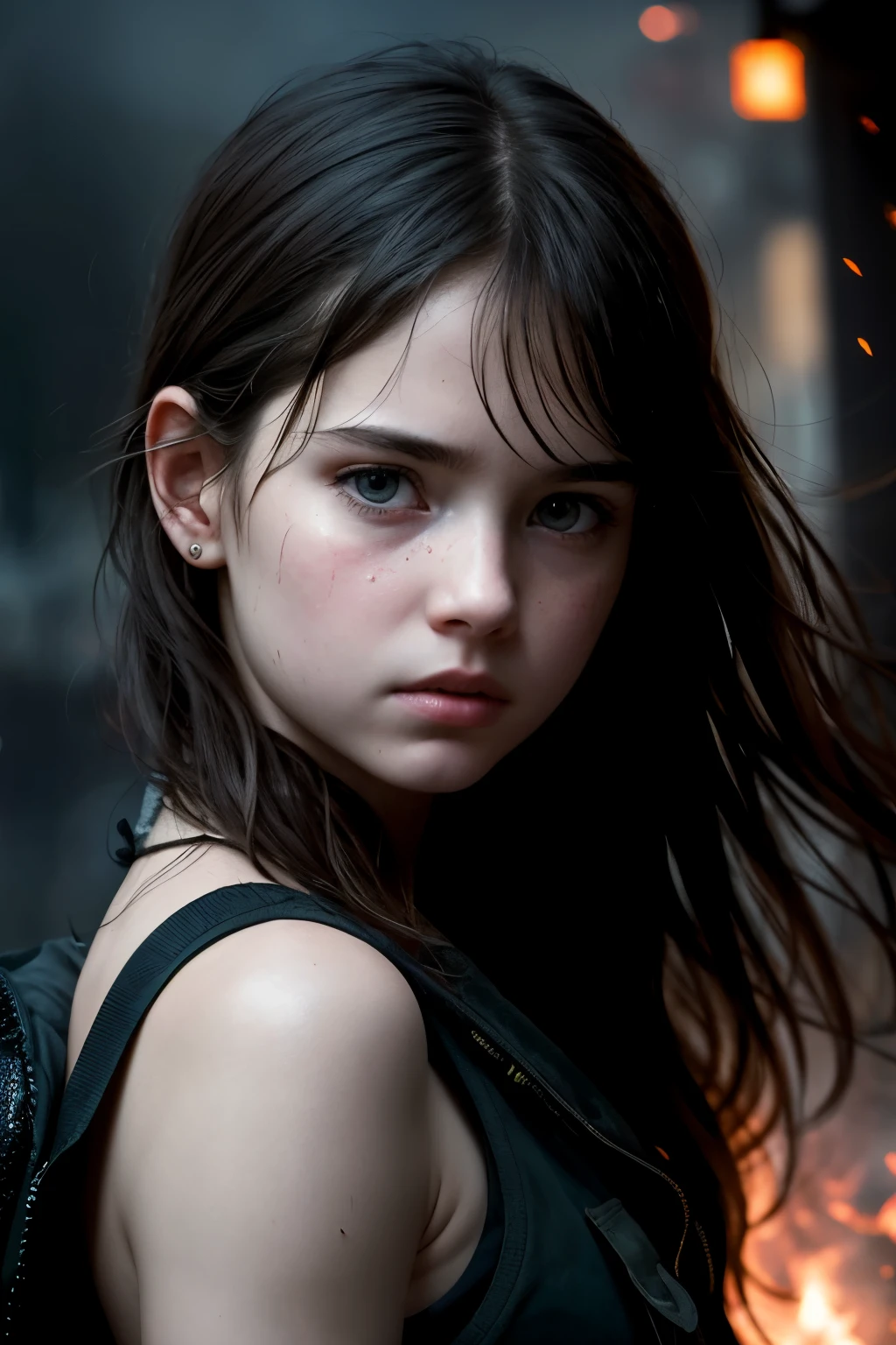 In the heart of a Michael Bay film, a dramatic scene unfolds, featuring a pretty 32-year-old military girl with messy hair and pale skin. The cinematic photo captures her in sharp focus, with the highest details, as she navigates through a chaotic scene filled with tension. The image is infused with a photorealistic touch, showcasing intricate background details and fog, adding to the intensity of the moment. The girl's face is beautifully rendered, with high face details and a determined expression. Godrays illuminate the scene, creating an unreal and intense atmosphere. Her skin, finely detailed, is a visual spectacle, with a texture that comes alive in