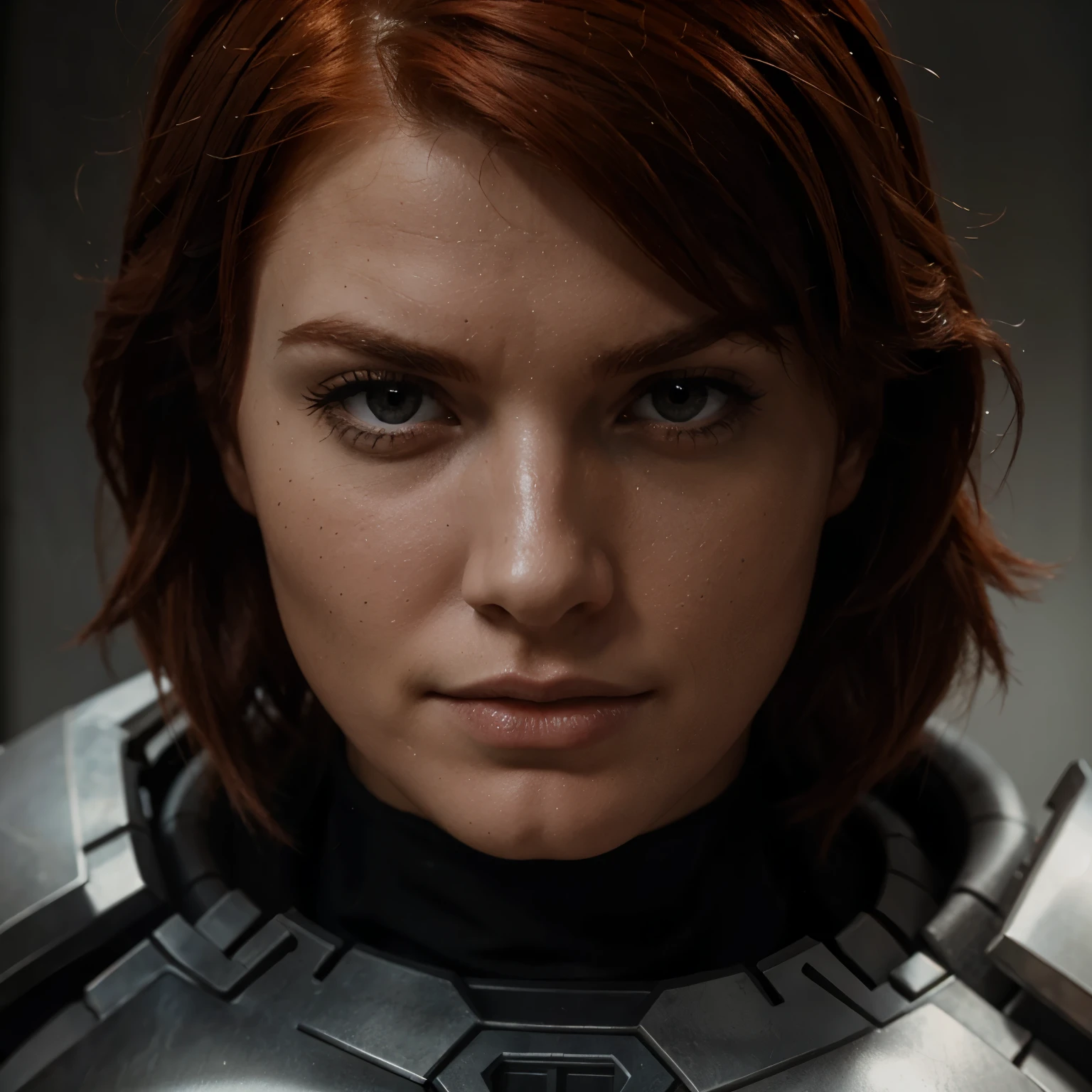 Red head femshep wearing armor, muscles, up close detailed portrait, hd