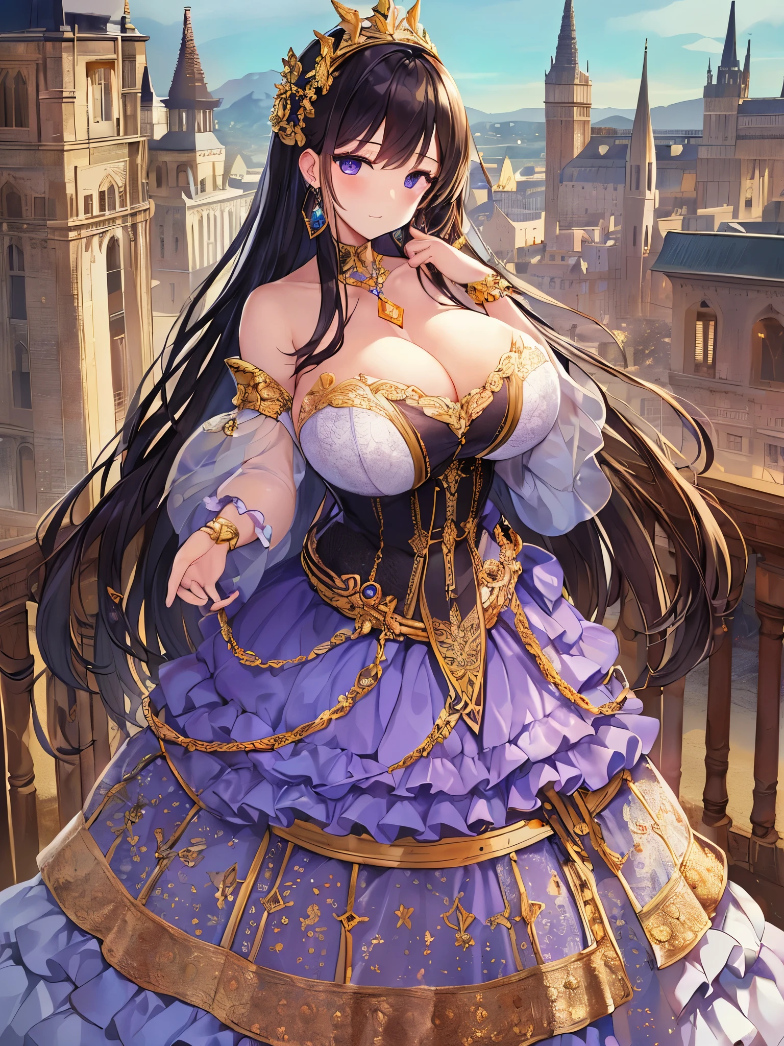 anime artstyle,Masterpiece,Best Quality,Super Detail,((Very Delicate and Beautiful)),(((1 plump princess in beautiful embroidery and jeweled gorgeous rococo ballgown with voluminous hoop skirt))),crinoline skirt,((Solo)),(Standing on fantasy castle balcony,outdoor,sky,A view overlooking the castle town),((full body)),(((very gigantic breasts,very gigantic breasts,sagging breasts,skindentation))),cleavage,detailed face and eyes,jewel-like eyes,((extremely voluminous straight Hair,Extremely Long Straight Hair)),((gorgeousfull embroidery and lace,beautiful embroidery and jeweled)),Gorgeous Gemstone Jewelry,gorgeous corsage,((gorgeous hair ornament,glitter jeweled gorgeous big tiara)),((full body)),((beautiful embroidery and jeweled gorgeous rococo ballgown with voluminous hoop skirt)),crinoline skirt,(crinoline),((Standing on fantasy castle balcony,outdoor,A view overlooking the castle town)),Looking at viewer,dynamic angle,(((beautiful embroidery and jeweled gorgeous rococo ballgown with voluminous hoop skirt))),crinoline skirt,full body,
