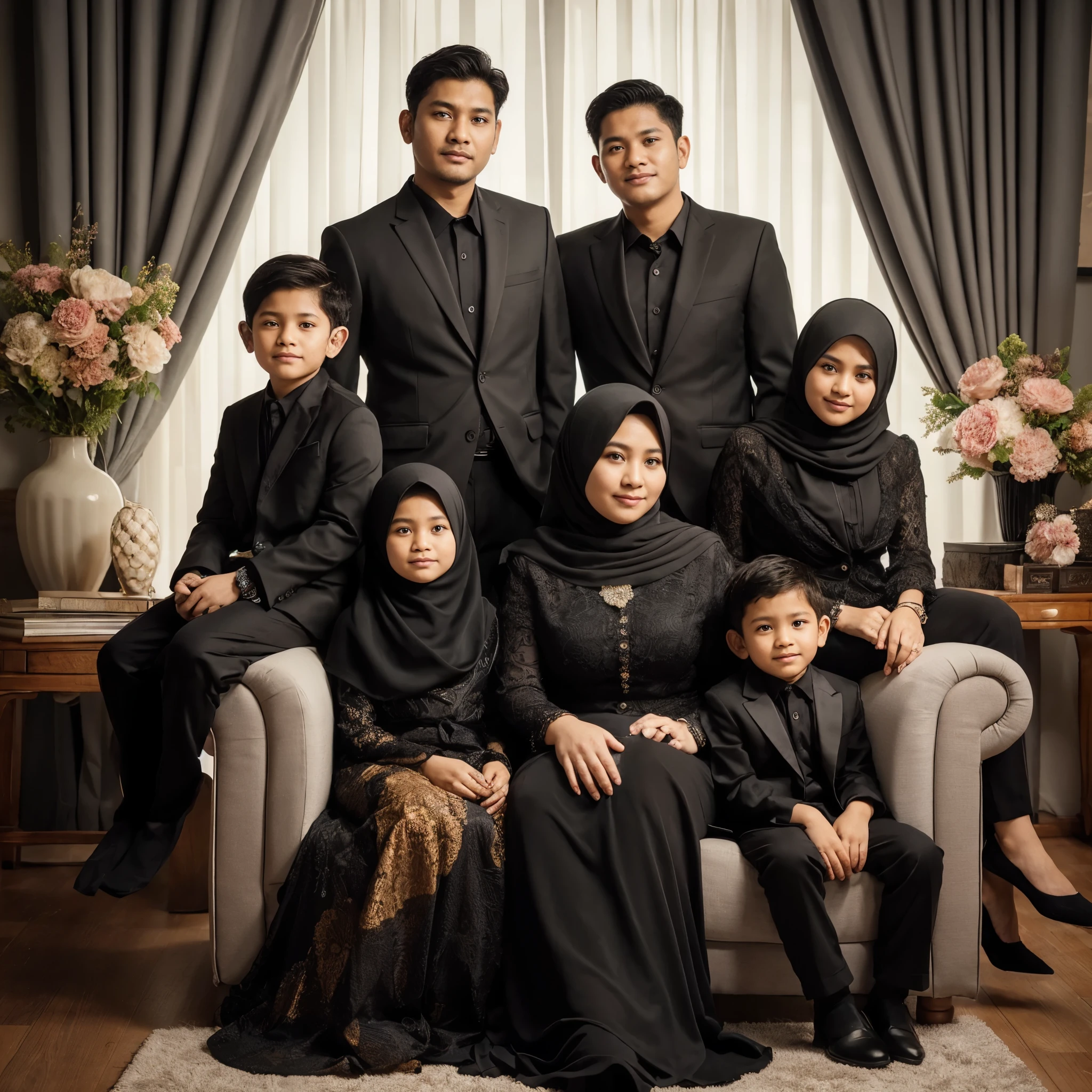 Indonesian family photo. The 40 year old father has a smooth face, the 35 year old mother wears a headscarf, is chubby, sits on a chair holding an 8 year old son and 11 year old daughter. and a teenage boy and a 17 year old teenage girl stood up. They wore black suits and elegant black Muslim kebayas, wore hijabs, embraced each other, had aesthetic living room backgrounds, decorated curtains and flowers, took studio photos. Photography, ultra detailed, 8K