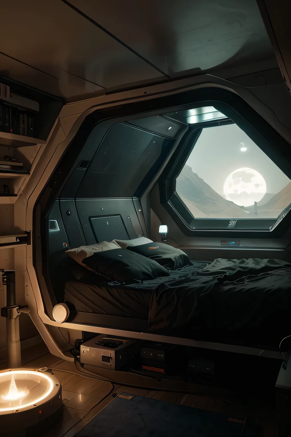 Create an image of the interior of a dome-shaped housing unit for a teenager on the surface of Mars in 2124. Der Raum ist vollgestopft mit einem futuristischen Bett, einer futuristischen Vorratsbox, einigen futuristischen Monitoren, a futuristic laptop and some life support equipment. The base of the room is circular.