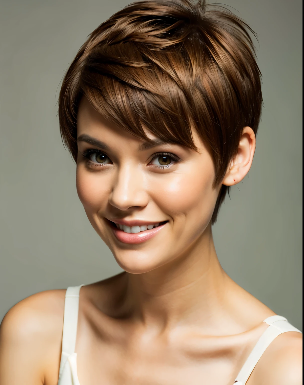 Pixie cut, very, very short hair, uneven tips, smile, brown hair