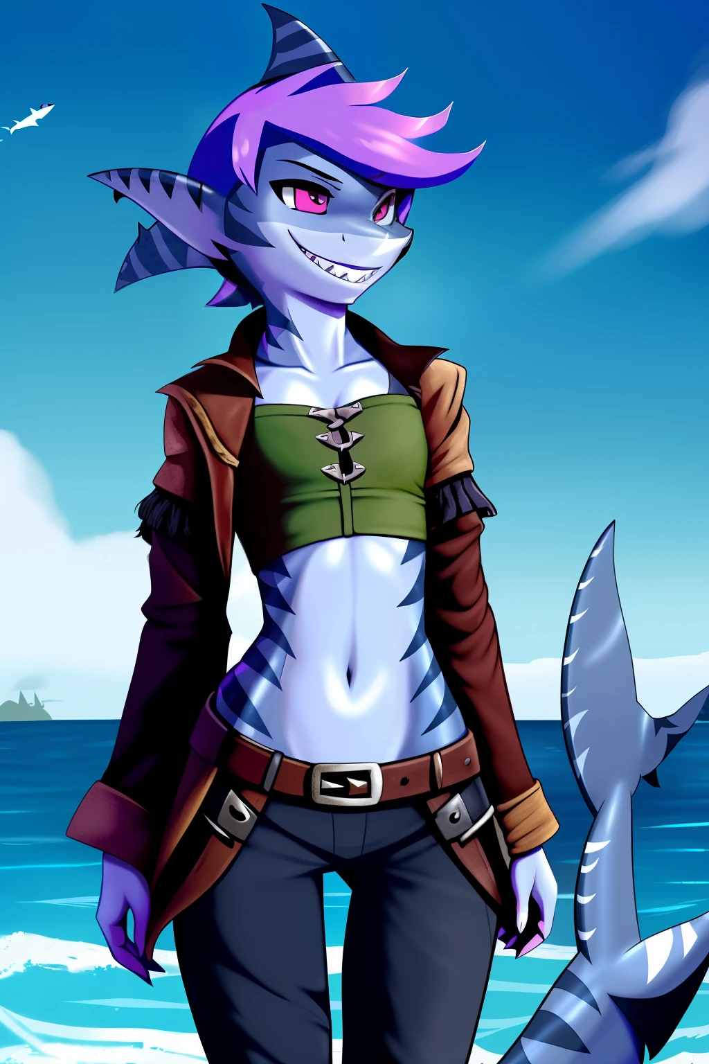 Best quality, Super detailed illustration, (shark boy:1.4) , feminine face and body, disheveled thick hair, Pirate's clothes, shy smile, Femboy, small waist, wide hips, Slim, perfect body, Excellent anatomy, DND style, uploaded to e621