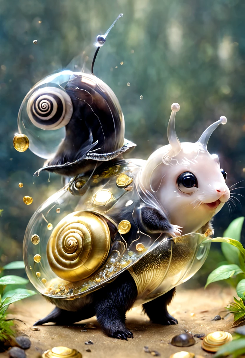 The transparent snail is a small、mammals，Looks a bit like a short-haired badger or bear，They have black fur、sparkling eyes and long nose。Transparent snails really like shiny things，Such as gold coins、Jewelry etc.，They use their agile front paws to dig and search for treasure，And hide these treasures in a retractable bag under their belly，This bag seems to have bottomless magic，Can hold items larger than the size of the transparent snail itself。