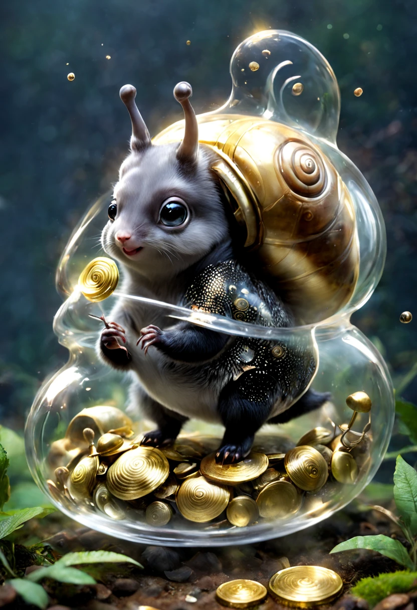 The transparent snail is a small、mammals,Looks a bit like a short-haired badger or bear,They have black fur、sparkling eyes and long nose。Transparent snails really like shiny things,Such as gold coins、Jewelry etc.,They use their agile front paws to dig and search for treasure,And hide these treasures in a retractable bag under their belly,This bag seems to have bottomless magic,Can hold items larger than the size of the transparent snail itself。