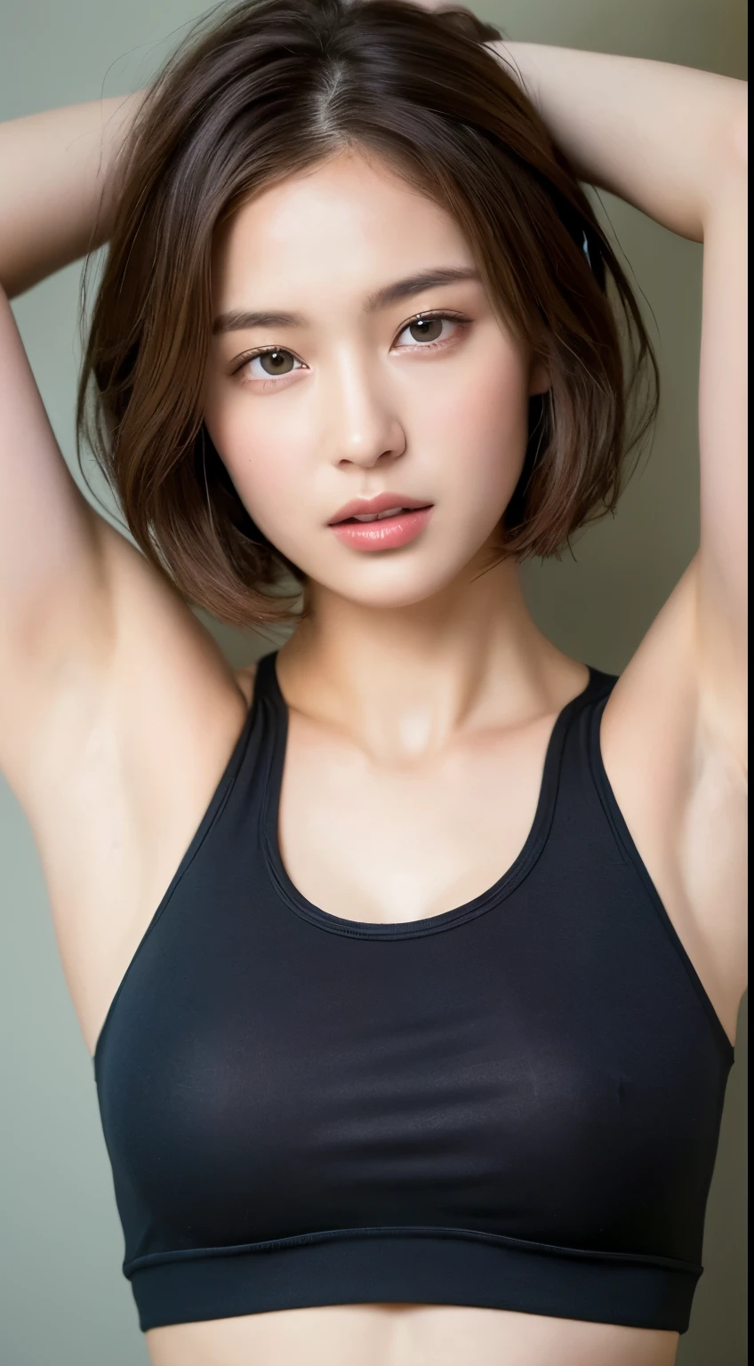 ((highest quality, 8K, masterpiece :1.3)), 1 girl, Pretty woman highlighting her slender abs :1.3, (random hairstyle :1.2), Oversized Tank Top :1.2, super detailed face, fine eyes, double eyelid, armpit
