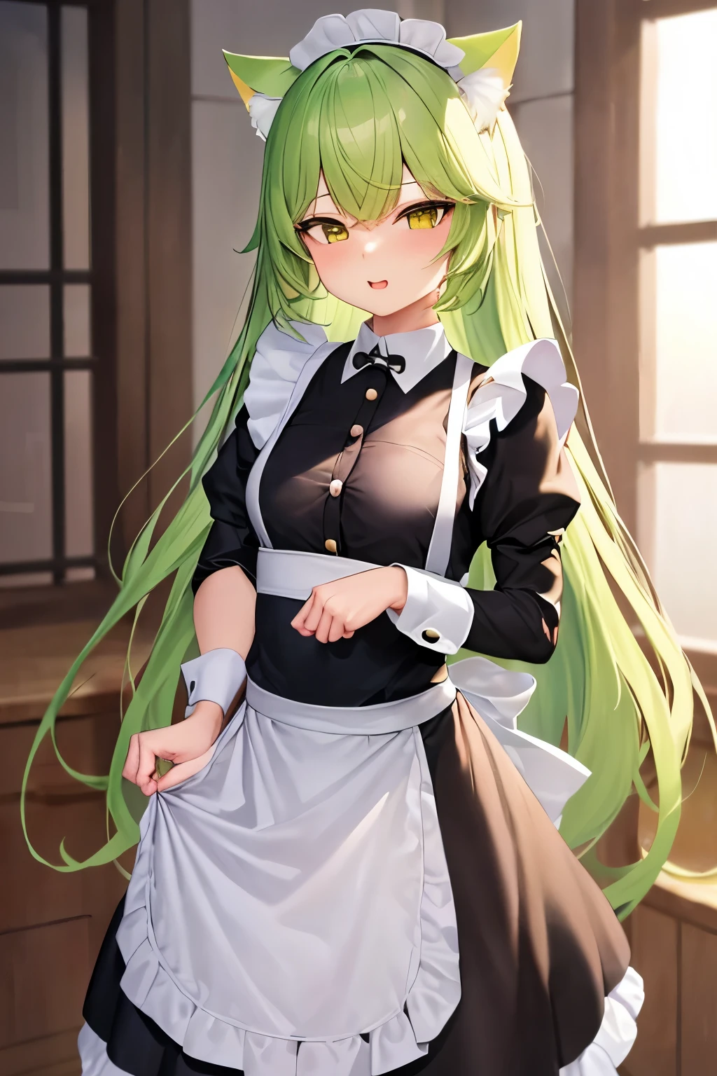 ((ผลงานชิ้นเอก))(น่ารัก)(เด็กผู้หญิง) cute girl .long lightgreen hair in maid long skirt .in house.cat ear.no boing.