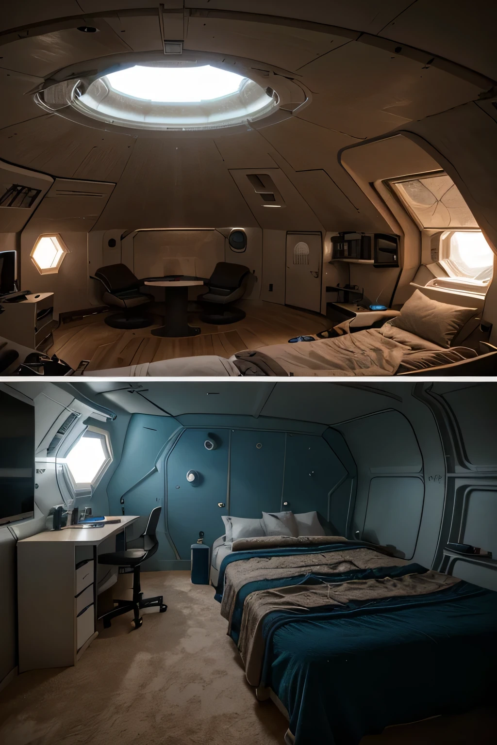 Create an image of the interior of a dome-shaped housing unit for a ager on the surface of Mars in 2124. Es ist vollgestopft, the room is small and filled with a futuristic bed, einer futuristischen Versorgungsbox, einigen futuristischen Monitoren, a futuristic laptop and some life support equipment. The base of the room is circular.