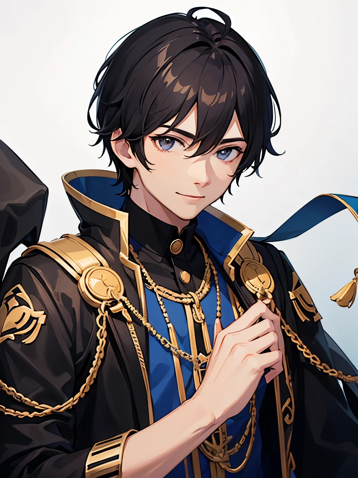male, young male, male black hair, black eyes, idol uniform, photo shoot, portrait, white background, smile, realistic light and shadow, camera cannon, ultra hd, filter camera, very detailed