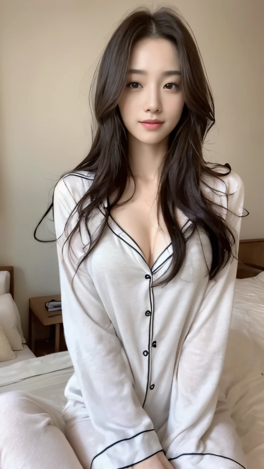 ((top-quality、8k、masterpiece:1.3))、Beautiful woman with perfect body:1.4、slim abdomen:1.2、Longhair, normal breast, Highly detailed facial and skin texture, A detailed eye, delicate eyes, double eyelid, (smile), (full body shot), ((bedroom)), (sitting), (((wearing white pyjamas))), looking in front