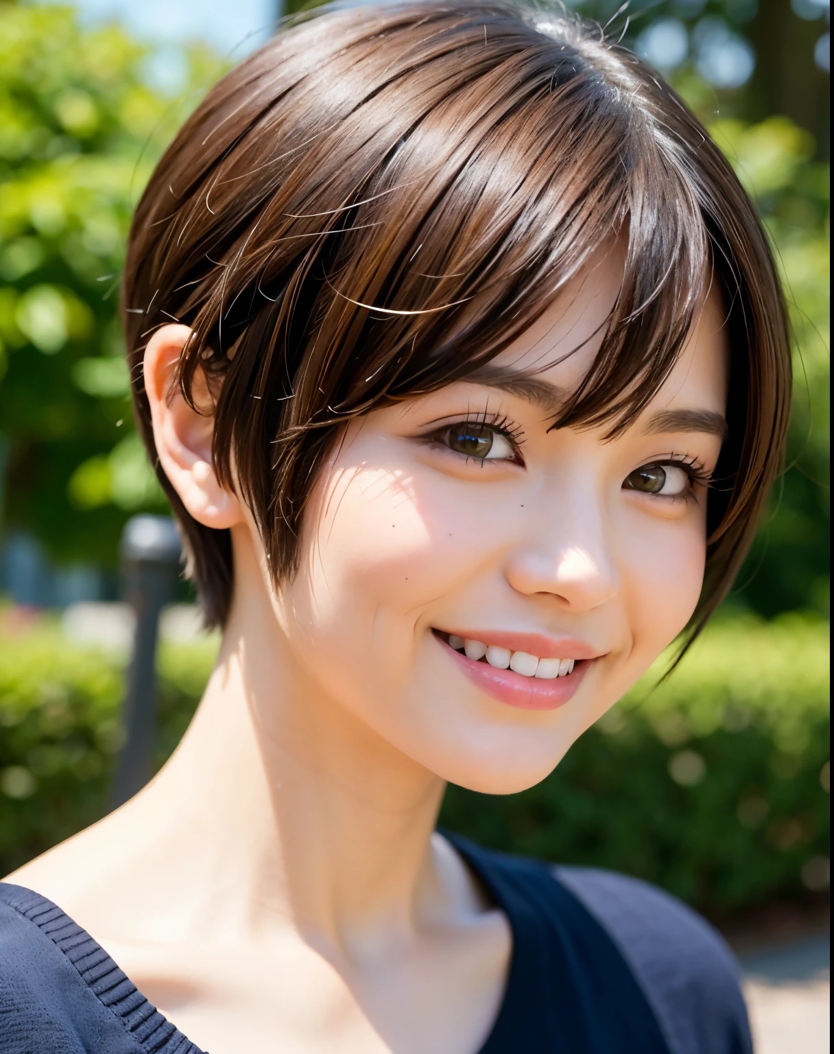 Pixie cut Very, very short hair Uneven hair tips Smile Brown hair Asian