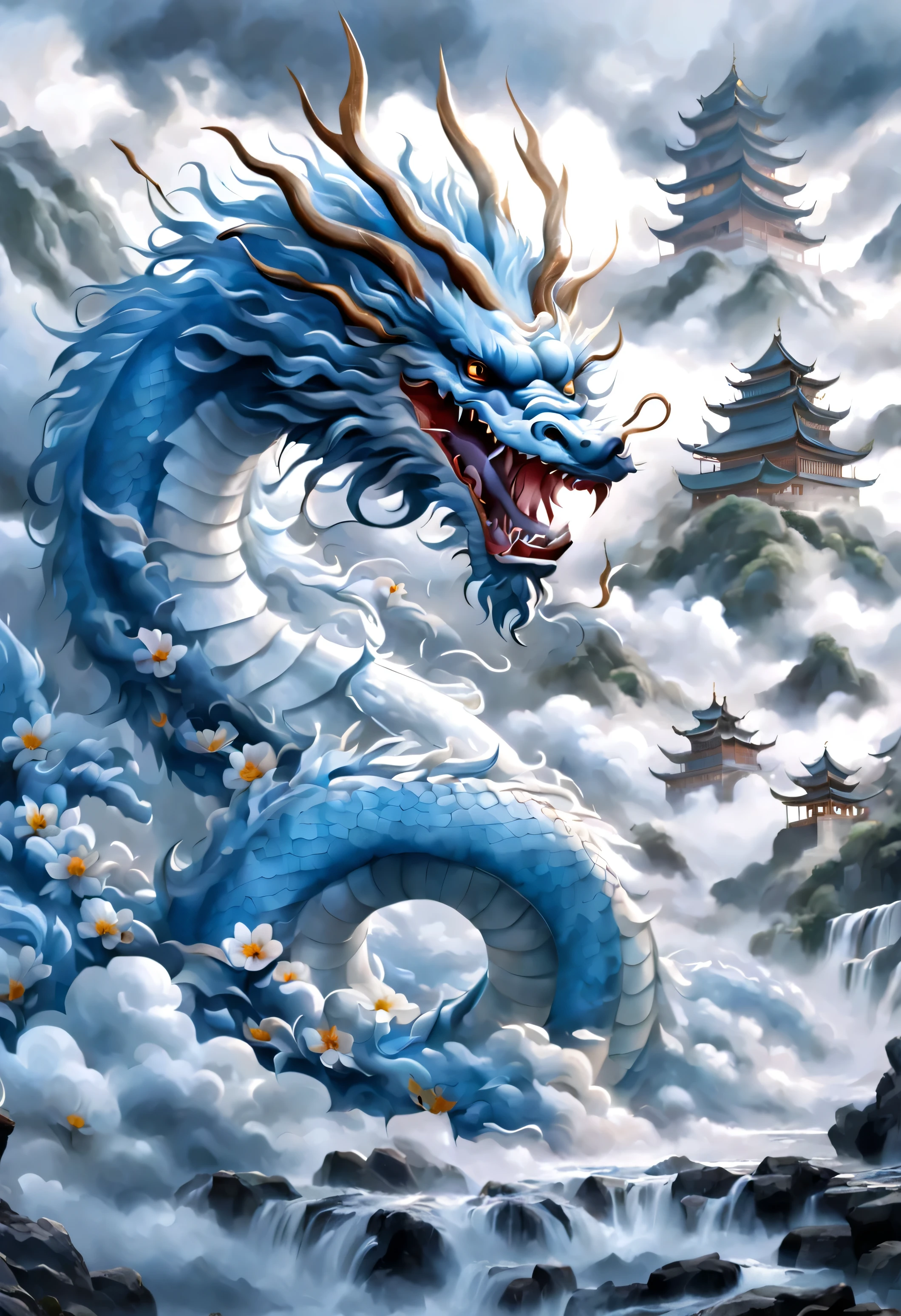 Image of light blue and white Chinese dragon ,flowers,hills,river,cloud