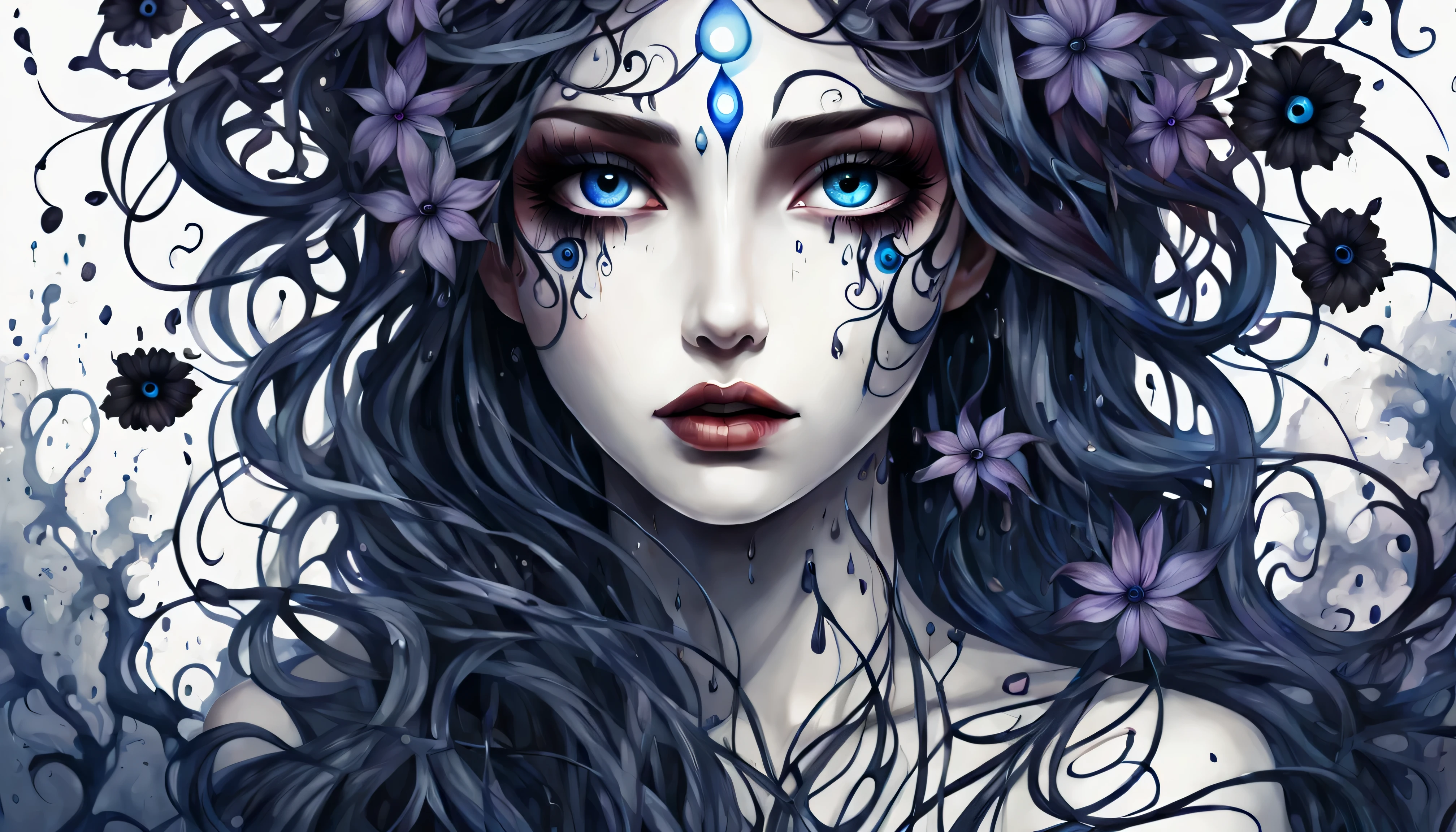 Watercolor Paint, Dangerous girl'position of the center of the entire body'head of, evil eye flower, vines, with the darkest splash, Focusing on dark fantasy fractal flowers, high quality, Drooping rain,the background is white、hair is combed、