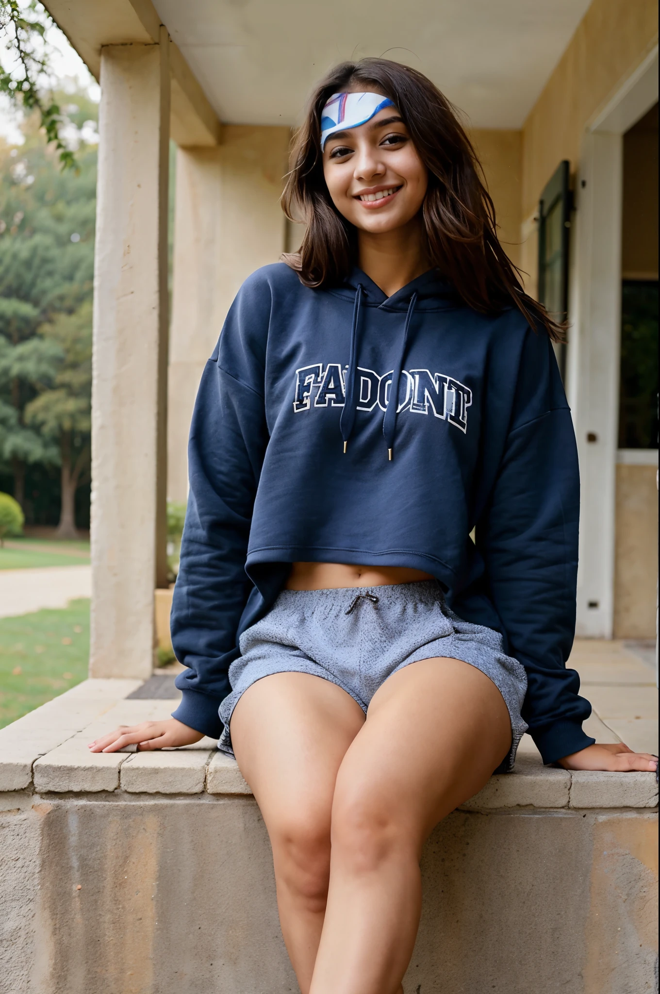 1 cute confident young indian girl sitting wearing a blue hoodie and shorts, her smile is warm and seductive, height 160 centimeter, her physique is slim , fair skin, her hair length is 60 centimeter, photorealistic, detailed eyes, highly detailed, 8k