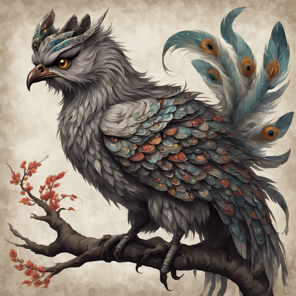 Graywing Featherfolk in monster oriental painting art style