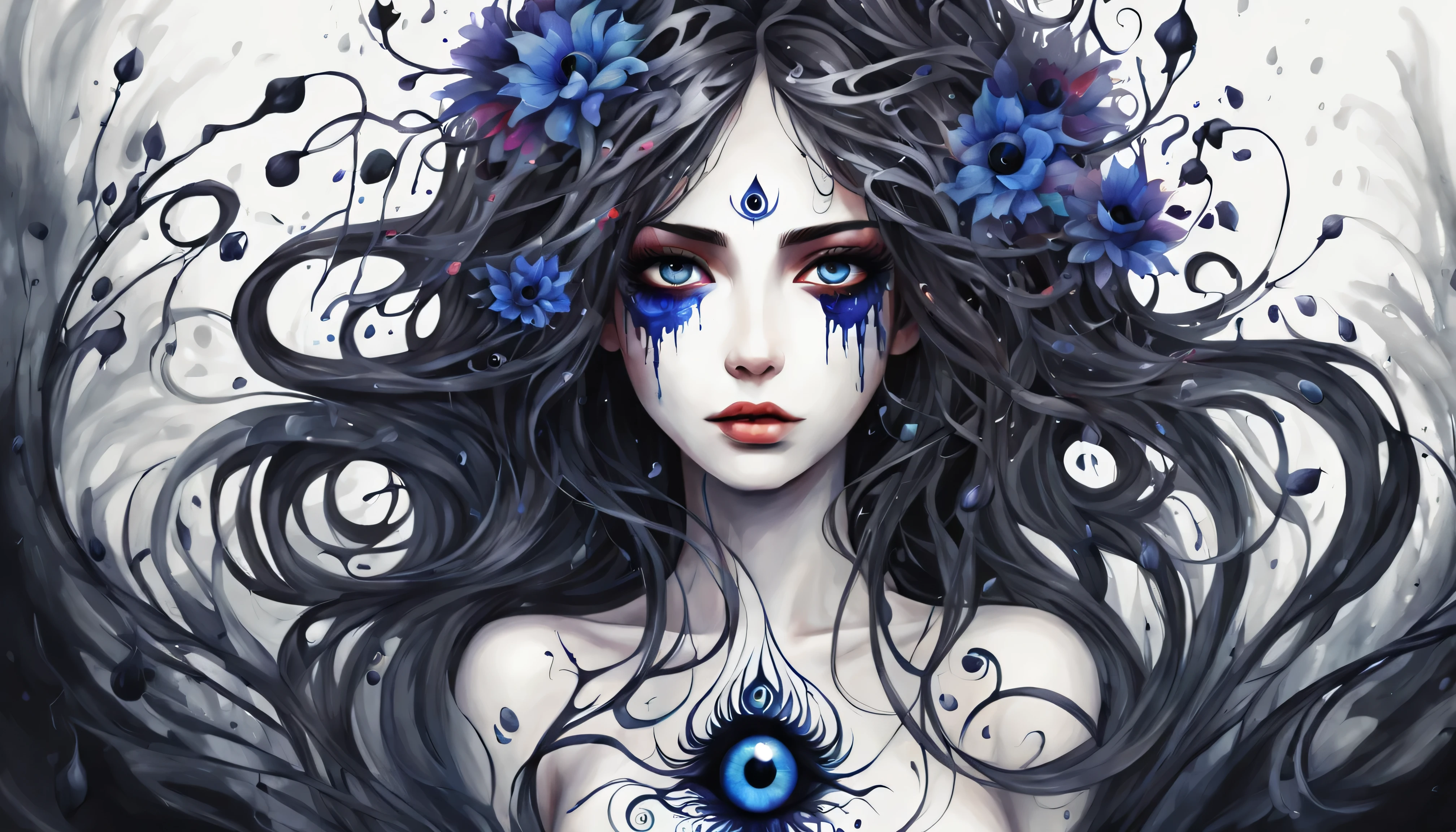 Watercolor Paint, Dangerous girl&#39;position of the center of the entire body&#39;head of, evil eye flower, vines, with the darkest splash, Focusing on dark fantasy fractal flowers, high quality, Drooping rain,the background is white、hair is combed、