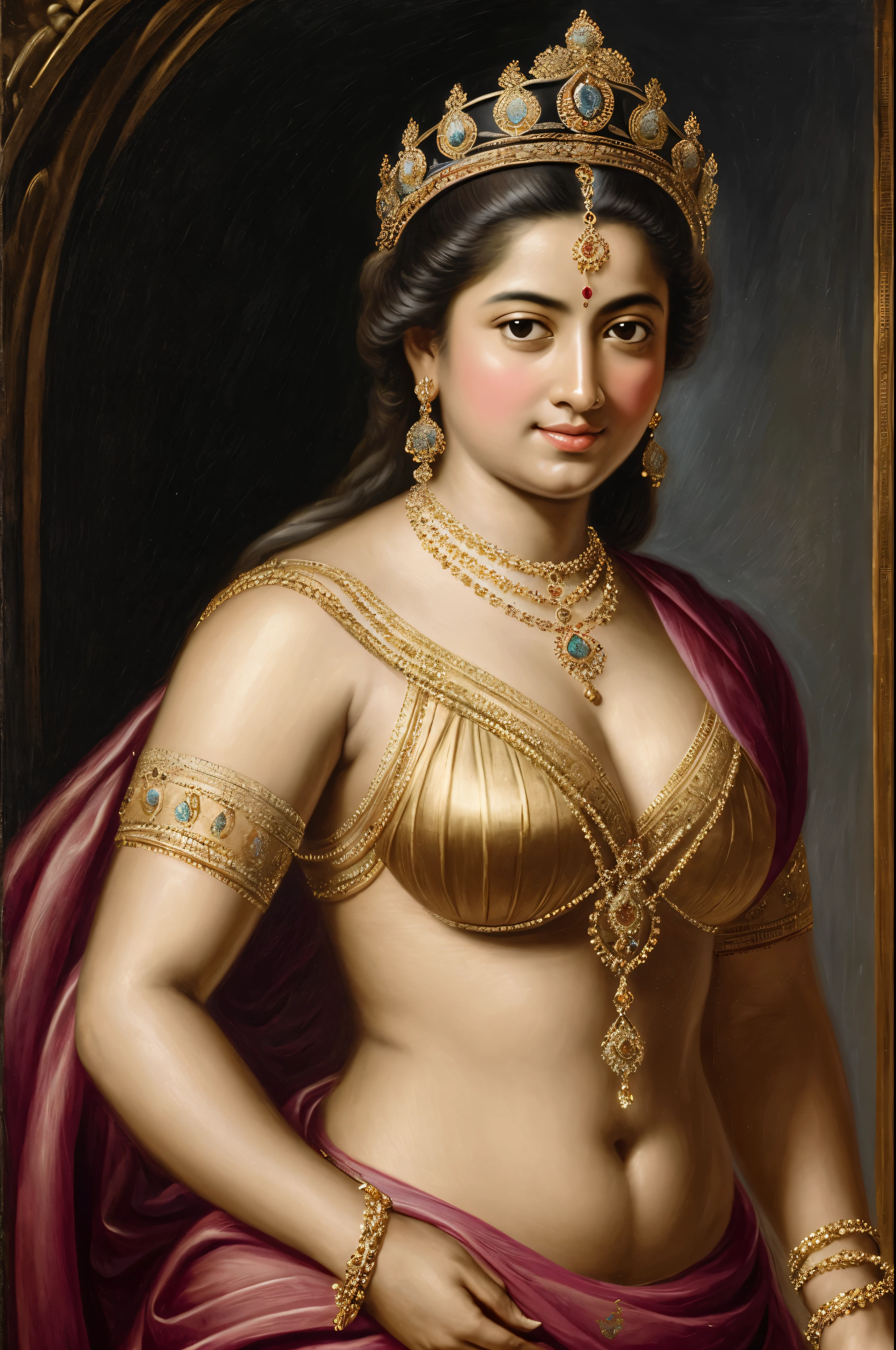 Make a painting, using inspiration from Peter Paul Rubens, of a robust, well-proportioned Indian queen who exudes strength, confidence, and regality.
Imagine a strong Indian queen who is confident in her beauty and radiates grace and authority. Show her as a representation of self-acceptance and beauty, embracing the variety of body shapes and upending preconceived notions of what constitutes beautiful.
Think about using aspects of Rubens' style, like his vibrant color scheme, dramatic lighting, and luxurious, flowing textiles. Draw attention to the queen's stunning eyes, charming smile, and poised yet kind demeanor, showcasing her inherent attractiveness.
Highlight the queen's regal clothing, which is embellished with elaborate designs, vivid hues, and pricey jewels to symbolize her heightened rank. Observe closely to the features of her traditional Indian attire.