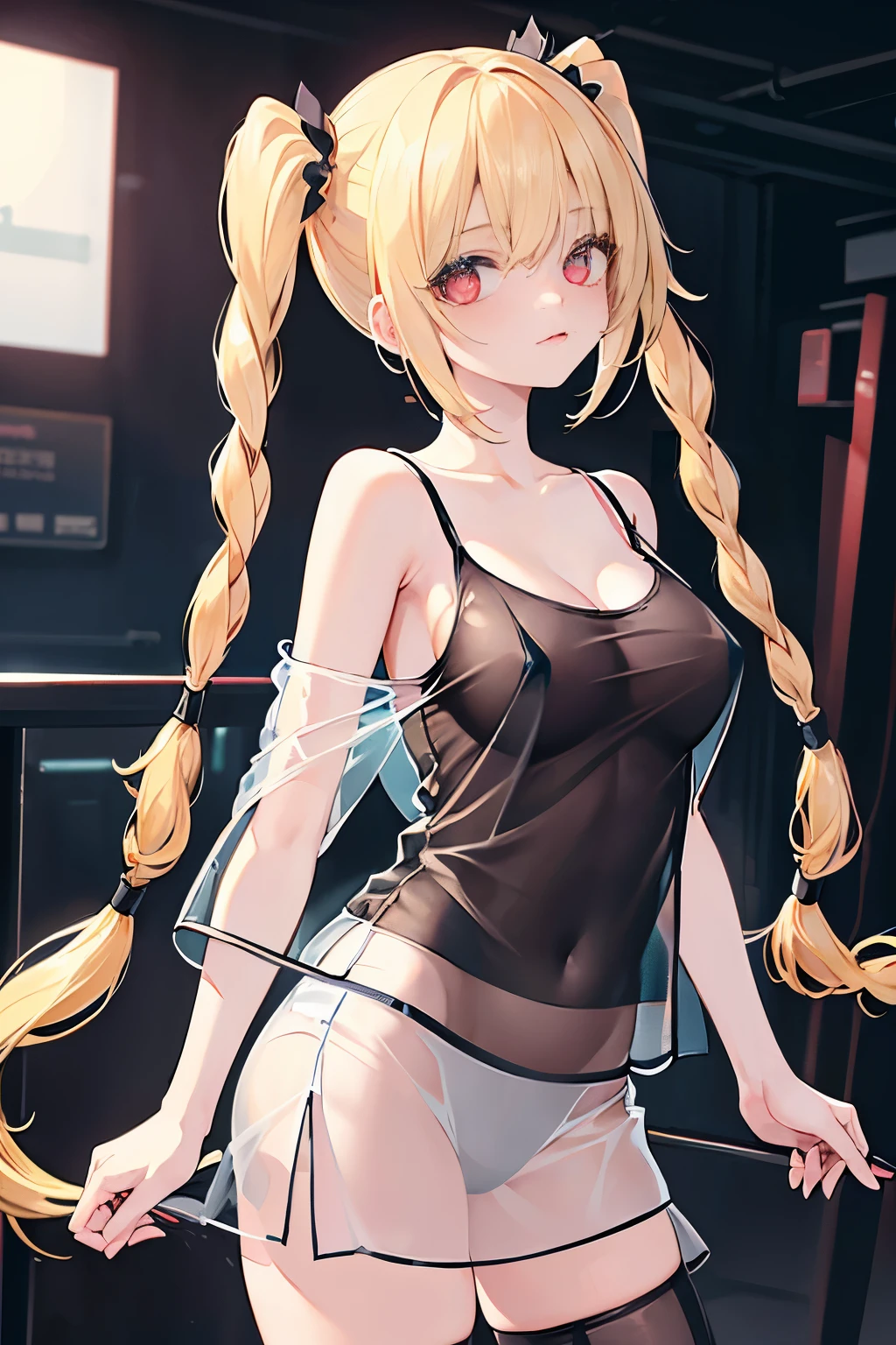 Optimal，masterpiece，High resolution，highest quality，hyper hd，Super detailed，award-winning，16k，alone，（Upper body），correct anatomy，Beautiful Cyberpunk Girl，cowboy shot、cute face，，blonde、long hair、twin tails、Braid, hair line，（（scarlet eyes）），long eyelashes，drooping corners of the eyes，white skin，shoot from the side, ((See-through camisole:1.5)), ((transparent nipples))、Rocket , ((big breasts)),（because I&#39;thin），