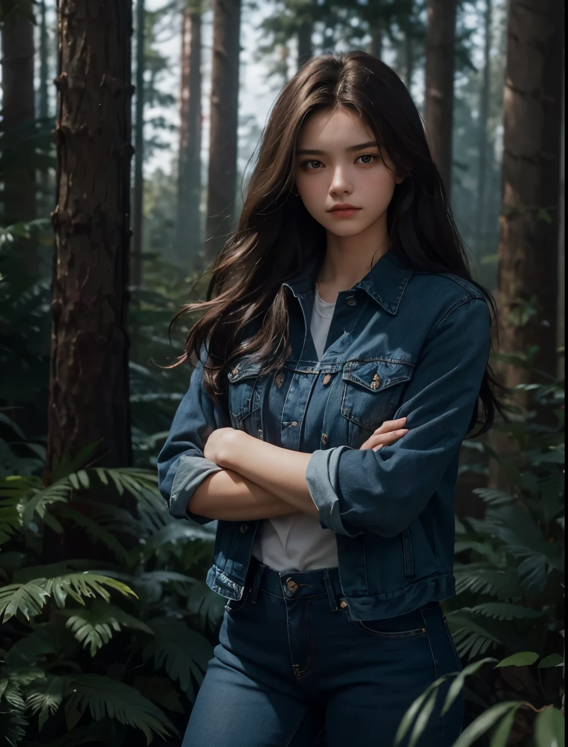 A beautiful woman. Fifteen years old. She has her arms crossed and a defiant look on her face. She's wearing blue jeans. Dark brown hair. she is in the forest.