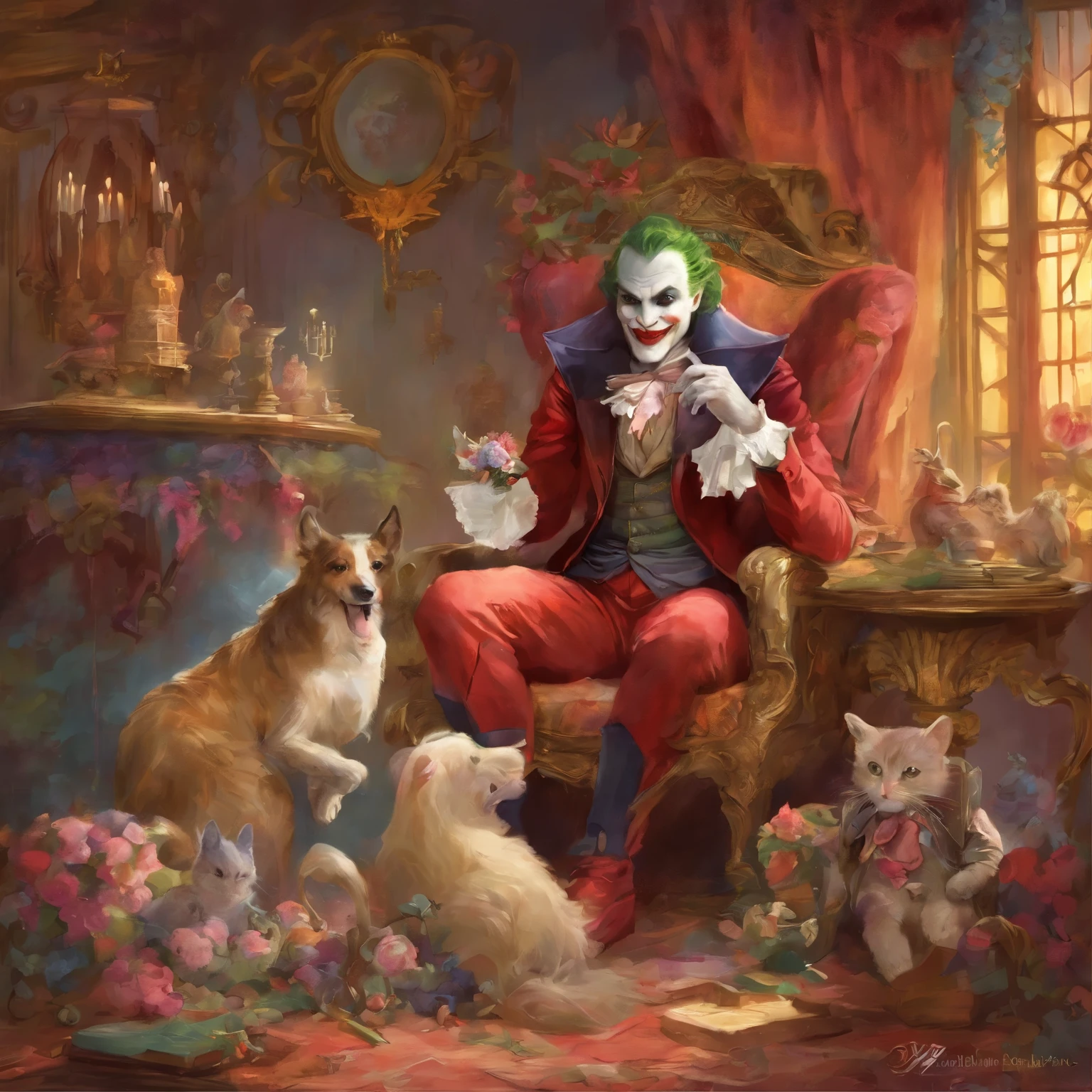 Le joker playing with colorful, whimsical armes ,beautifully vivid illustrations,with a vintage gun overflowing with an assortment of antique dolls and stuffed animals,delicate porcelain figurines,soft, pastel colors in the background,horrible sunlight filtering through lace curtains,creating a warm, mecanic atmosphere,(best quality,highres),with every intricate detail, from the vampire playful expression to the carefully painted features of the cheval ,(realistic,photorealistic), (portrait-like,illustration-like),evoking a sense of wonder and imagination.