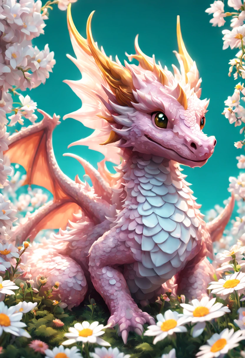Cute fluffy pink dragon in a field of white flowers, 8k resolution concept art by Greg Rutkowski dynamic lighting hyperdetailed intricately detailed Splash art trending on Artstation triadic colors Unreal Engine 5 volumetric lighting Alphonse Mucha WLOP Jordan Grimmer orange and teal