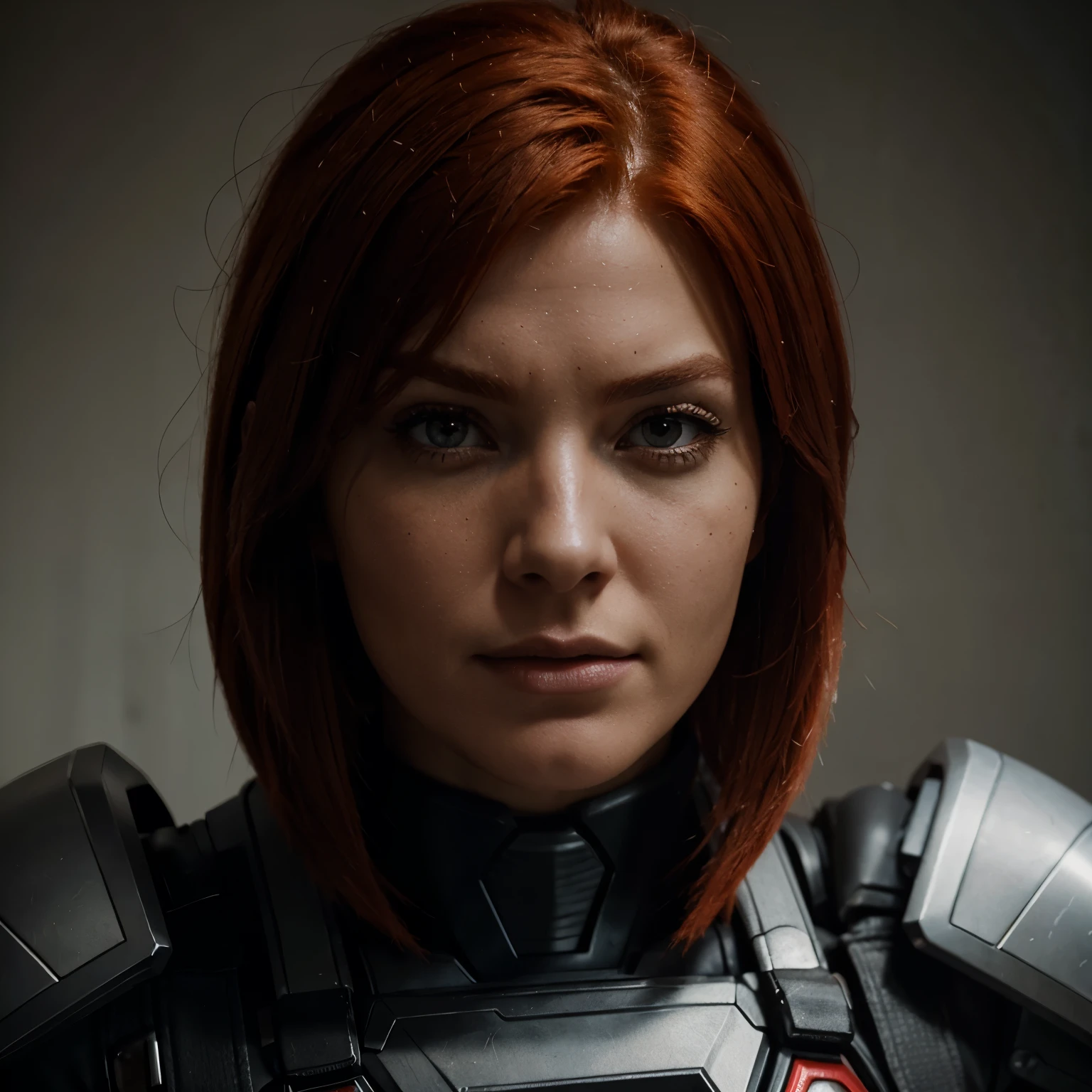 Red head femshep armor, up close detailed portrait, hd