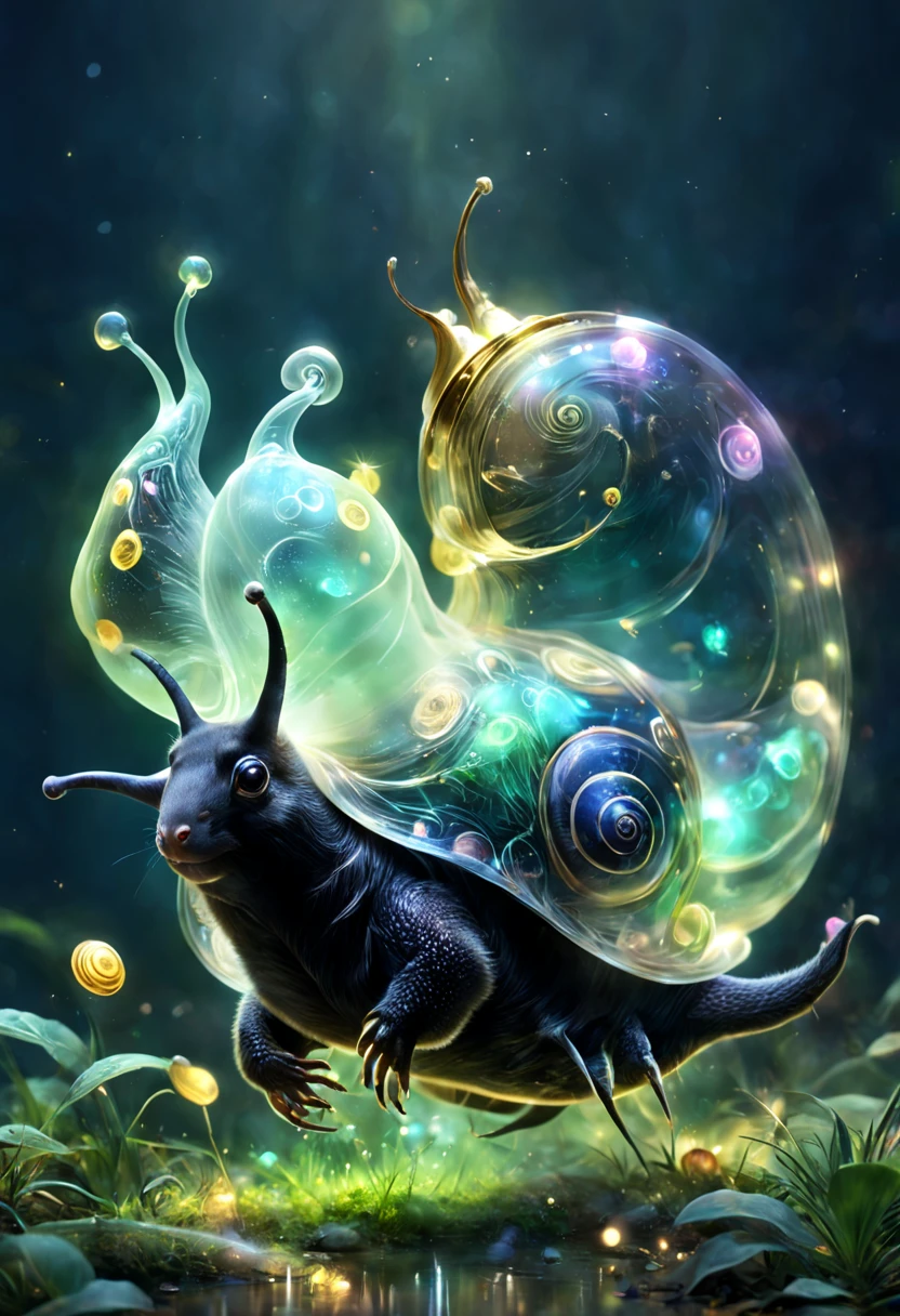 The transparent snail is a small、mammals,Looks a bit like a short-haired badger or bear,They have black fur、sparkling eyes and long nose。Transparent snails really like shiny things,Such as gold coins、Jewelry etc.,They use their agile front paws to dig and search for treasure,And hide these treasures in a retractable bag under their belly,This bag seems to have bottomless magic,Can hold items larger than the size of the transparent snail itself。((a giant glowing magical creature)),they will laugh,out of this world,ethereal,uv,translucent,magic动物,Nature,mystery,beauty,The environment is dark,magic,creature design,high resolution,8k,Super detailed,light、Physical rendering、Vibrant color background bokeh、Various shades、soft light lighting、pulsating light