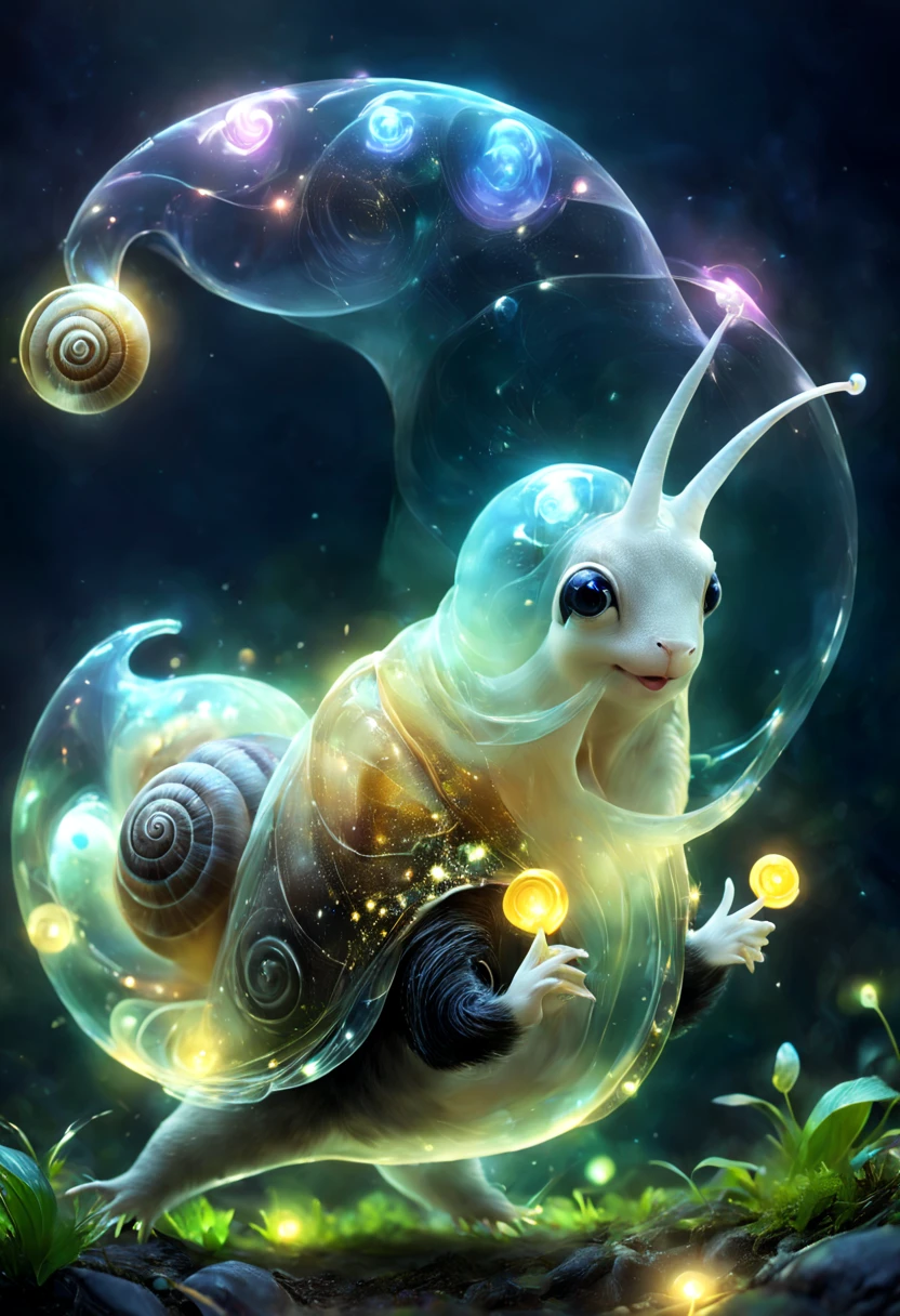 ((a giant glowing magical creature))，(Glowing Chimera)，they will laugh，out of this world，ethereal，uv，translucent，magic动物，Nature，mystery，beauty，The environment is dark，magic，creature design，high resolution，8k，Super detailed，light、Physical rendering、Vibrant color background bokeh、Various shades、soft light lighting、pulsating light