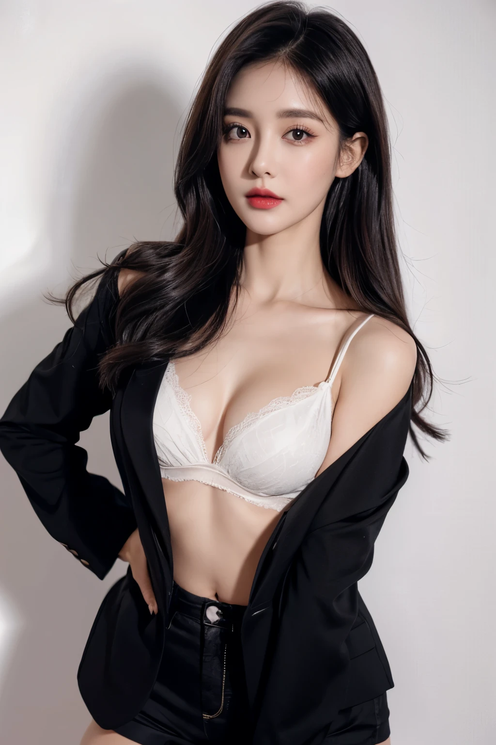 a woman, beautiful, amazing face and eyes, cosmetic, red glossy lips, (Wearing a black blazer),(Extremely detailed beautiful face),(best quality), (Super detailed), (Extremely detailed CG unified 8k wallpaper),original photo, Professional photography, (standing), (White background),(black hair),(big eyes),(Soft light source),(A little cleavage),(Wearing a black blazer),small breasts,(Photos from the waist up),Suit shorts