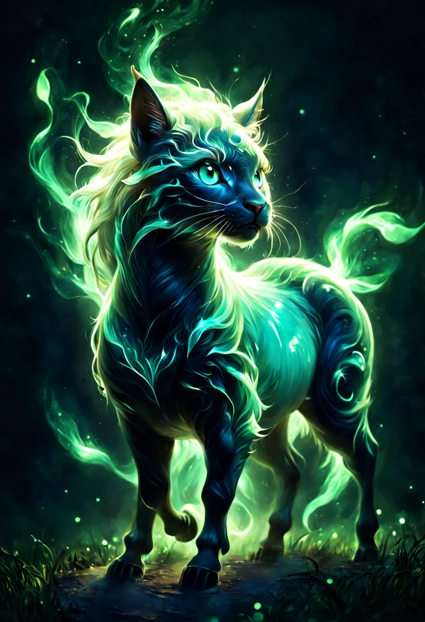((a giant glowing magical creature))，(Glowing Chimera)，they will laugh，out of this world，ethereal，uv，translucent，magic动物，Nature，mystery，beauty，The environment is dark，magic，creature design，high resolution，8k，Super detailed，light、Physical rendering、Vibrant color background bokeh、Various shades、soft light lighting、pulsating light
