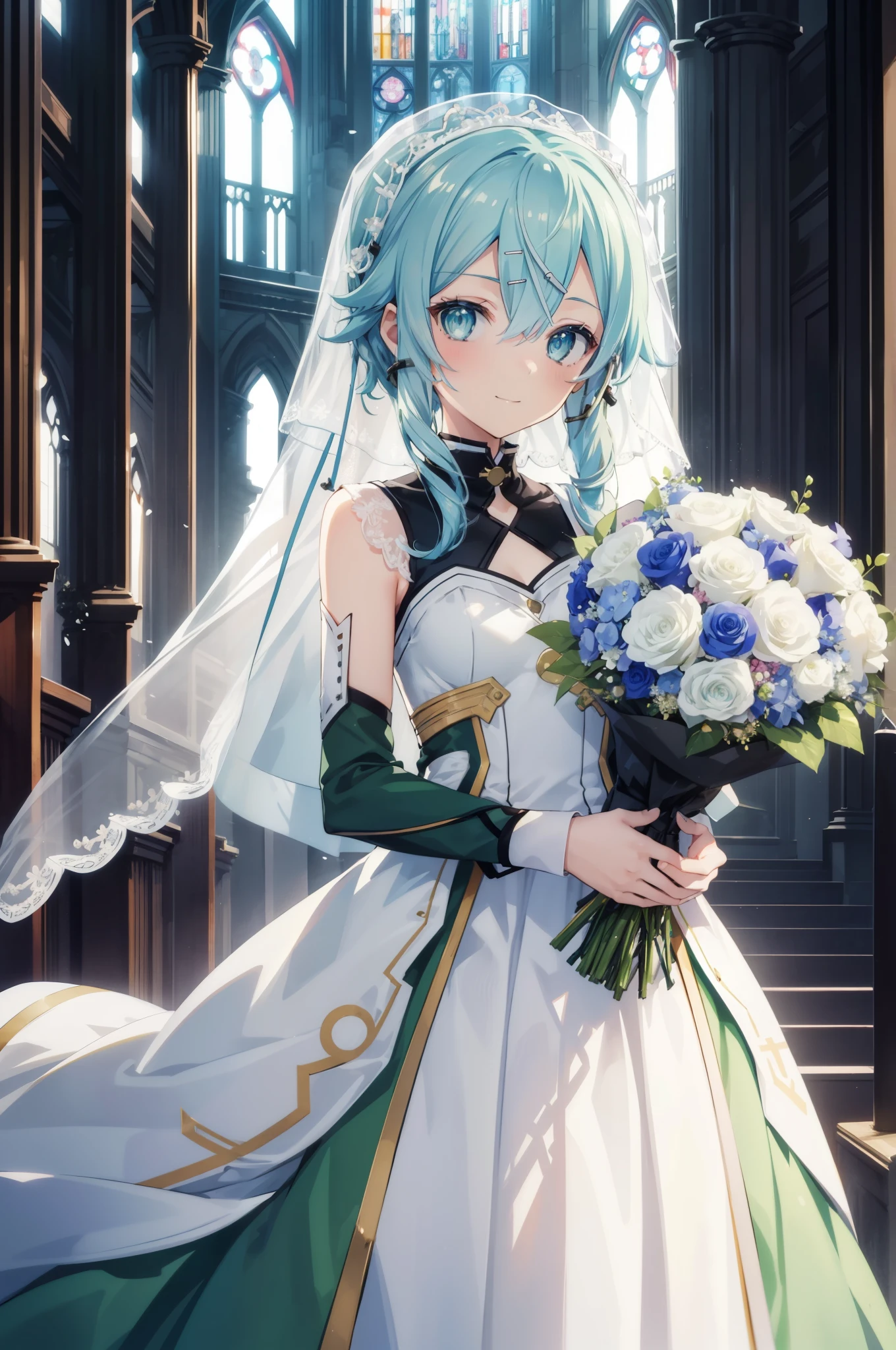 masterpiece, highest quality, High resolution, 1人のgirl,  sinon 1, girl, masterpiece、highest quality、masterpiece, highest quality, high again, , 1girl, alone, hair flower, wedding d again ss, Holding a bouquet of flowers in your hands, Chacha, small breasts, smile, church, bridal veil, hairpin,