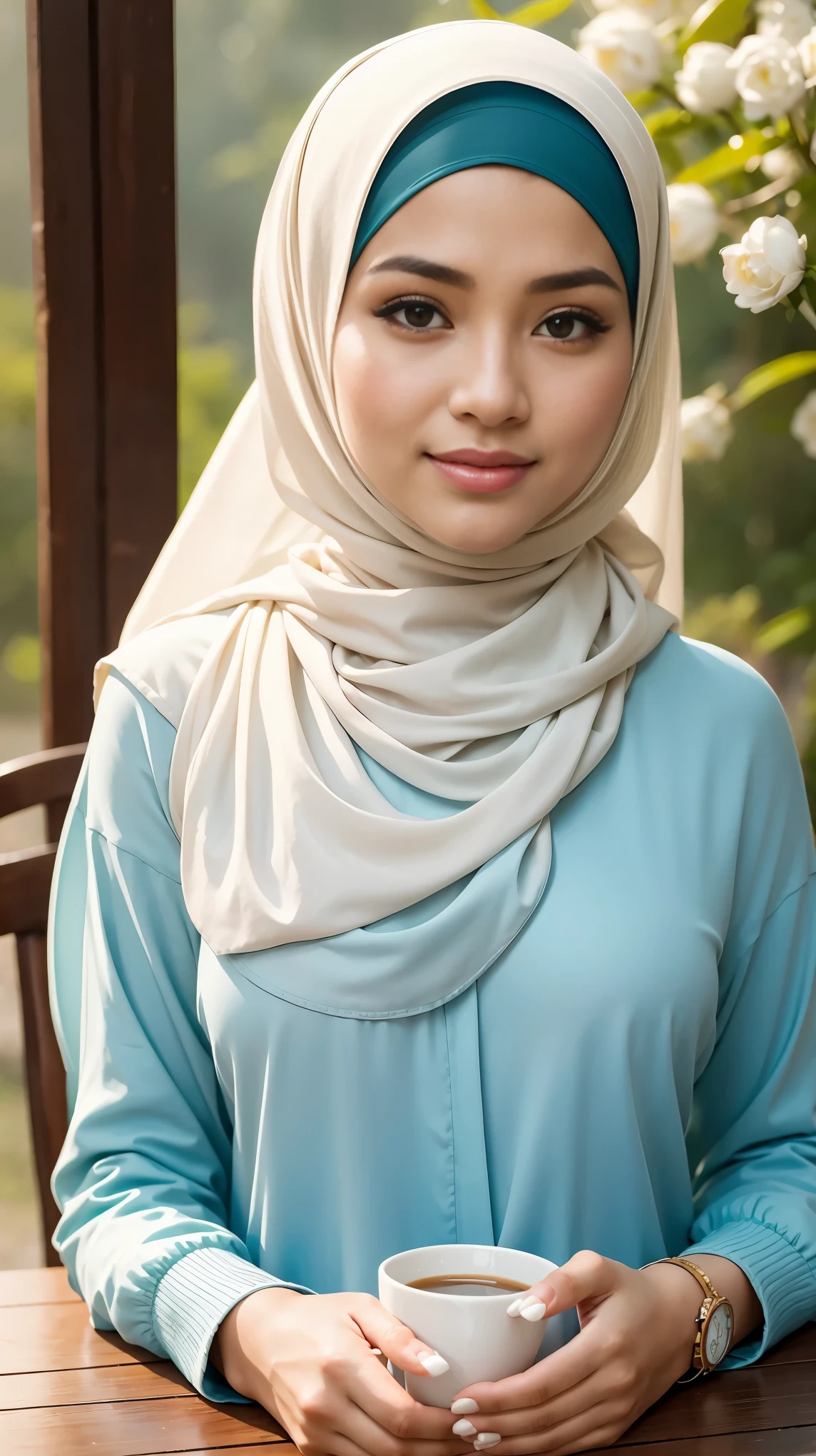 (Close Up),RAW, Best quality, high resolution, masterpiece: 1.3), beautiful Malay woman in hijab,Masterpiece, perfect slim fit body,small breast, big gorgeous eyes, Soft smile,beautiful face,thick thighs, woman in hijab sitting at a table with a cup of coffee, cute woman, portrait shot, hijab, mid shot portrait, 60mm portrait, high quality portrait, in mountains, traditional beauty, malaysian, 50mm portrait, realism art, 7 0 mm portrait, indonesia, gorgeous lady, attractive girl , located in flower garden, Excellent lighting, Bright colors, Clean lines