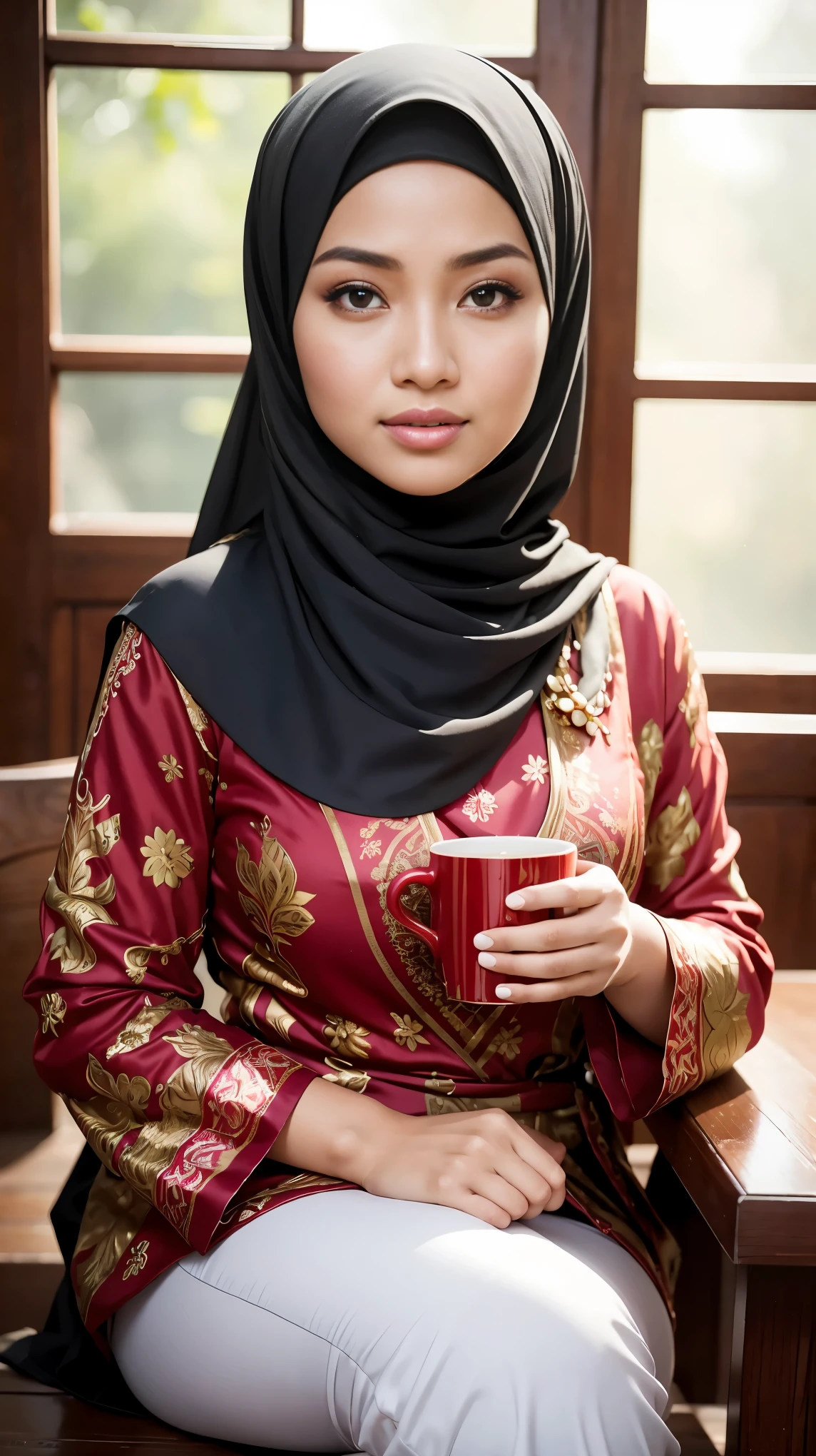 (Close Up),RAW, Best quality, high resolution, masterpiece: 1.3), beautiful Malay woman in hijab,Masterpiece, perfect fit body,big breast, big gorgeous eyes, Soft smile,beautiful face,thick thighs, woman in hijab sitting at a table with a cup of coffee, cute woman, portrait shot, hijab, mid shot portrait, 60mm portrait, high quality portrait, in mountains, traditional beauty, malaysian, 50mm portrait, realism art, 7 0 mm portrait, indonesia, gorgeous lady, attractive girl , located in flower garden, Excellent lighting, Bright colors, Clean lines