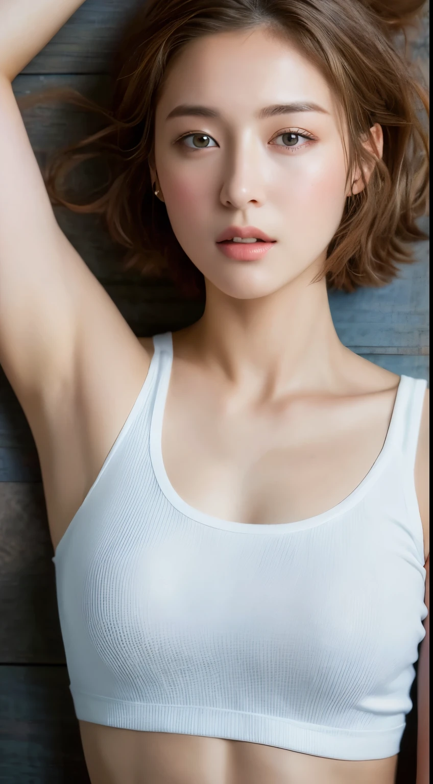 ((highest quality, 8K, masterpiece :1.3)), 1 girl, Pretty woman highlighting her slender abs :1.3, (random hairstyle :1.2), Oversized Tank Top :1.2, super detailed face, fine eyes, double eyelid, armpit、German