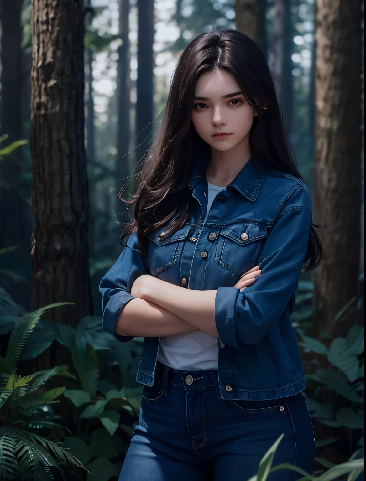 A beautiful woman. Fifteen years old. She has her arms crossed and a defiant look on her face. She's wearing blue jeans. Dark brown hair. she is in the forest.