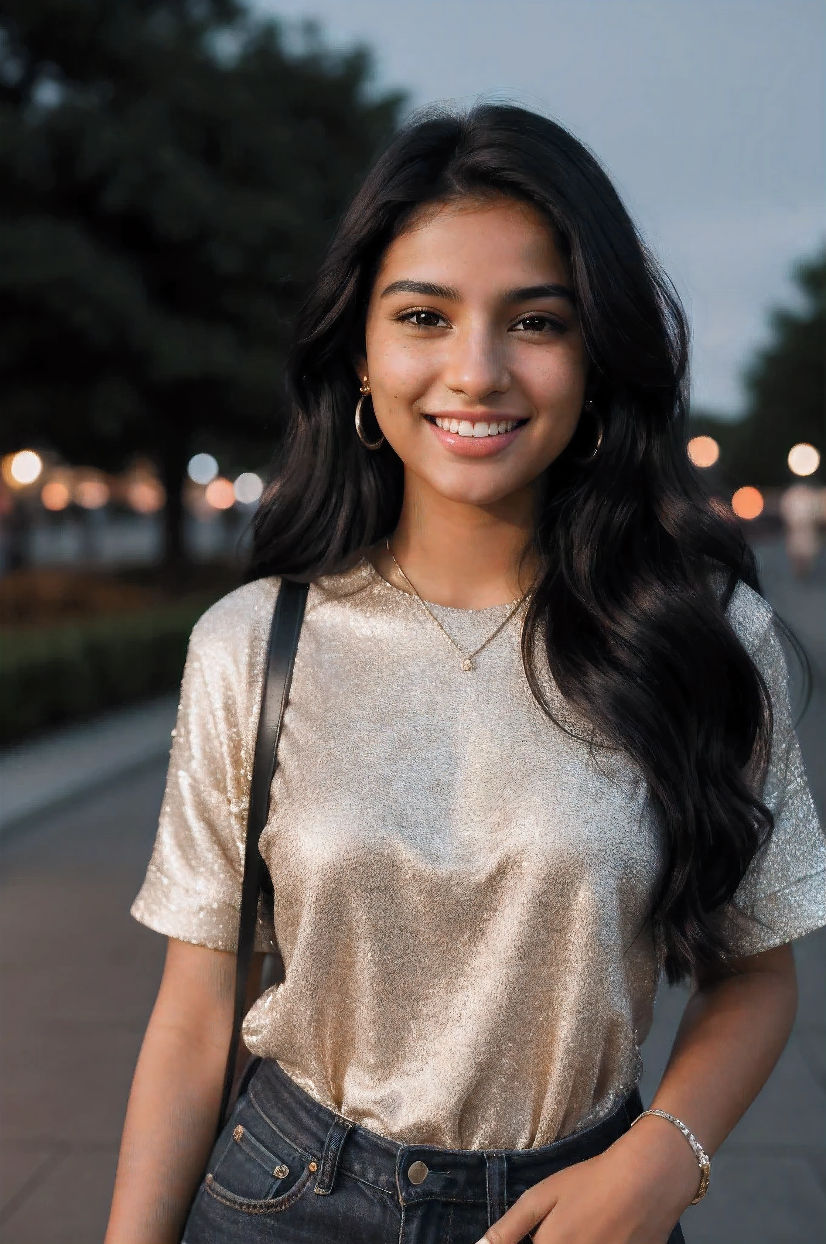 Photorealistic portrait of a 21-year-old north-indian girl with long black wave hair.She has dark chocolate brown eyes.She is natural. She should have a lot freckles on her face. She is natural and ultrarealistic and hiper-realistic.very hermosa model. it is nighttime. . she shows her dior outfit . hyper-realistic image. she is holding an iphone in her left hand. she is not looking towards the camera. she is looking to the left. the photograph does not show her in close-up. she is walking along a park. it is nighttime. ultra-realistic.she is laughing