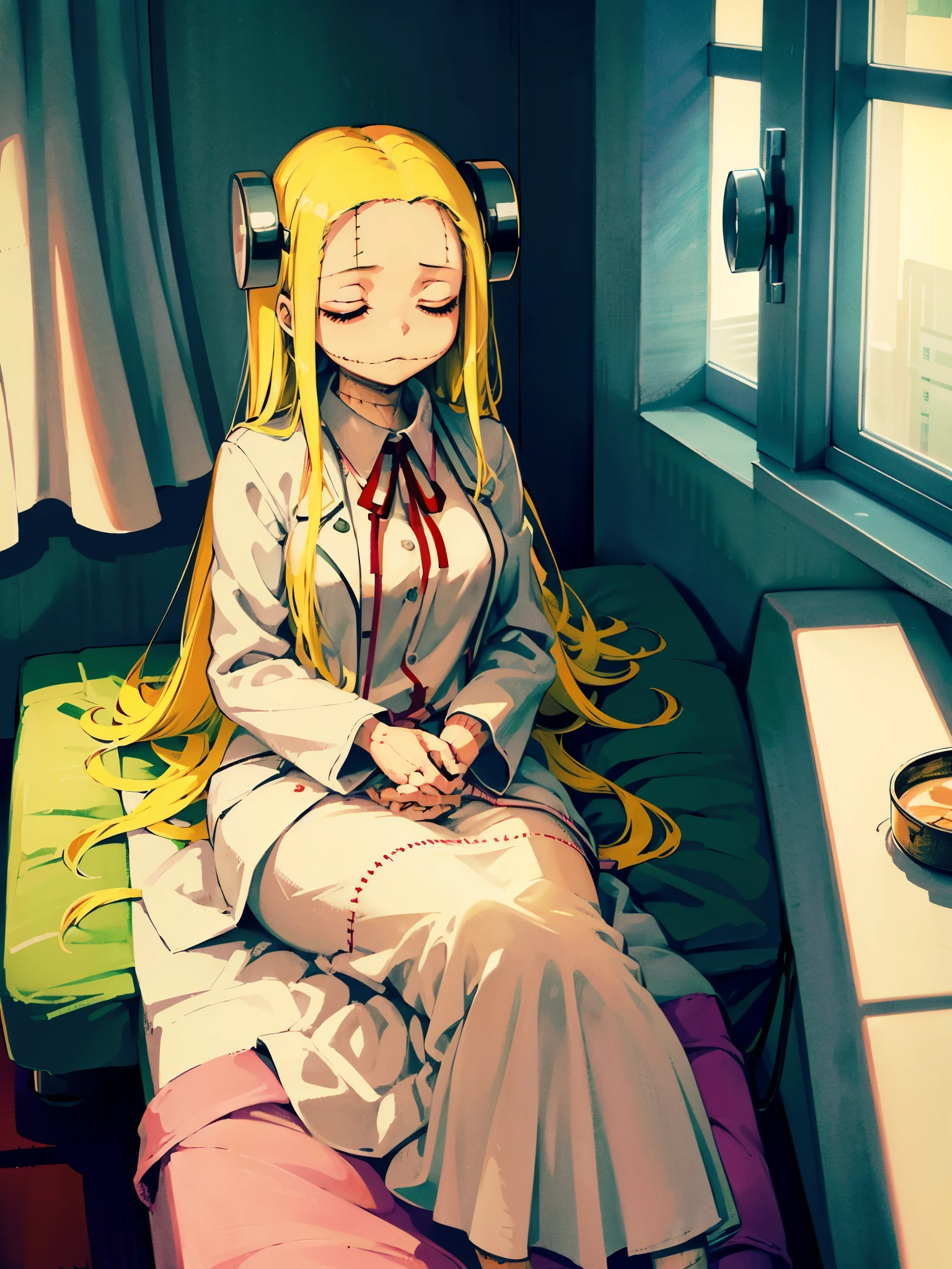 Madaraki_Fran,young woman ,(lying on a hospital bed) ,white robe ,wrinkles,((sleeping)), long hair , yellow hair,seams , Scars on the body ,closed eyes , bags under the eyes, ((((Very tired))))