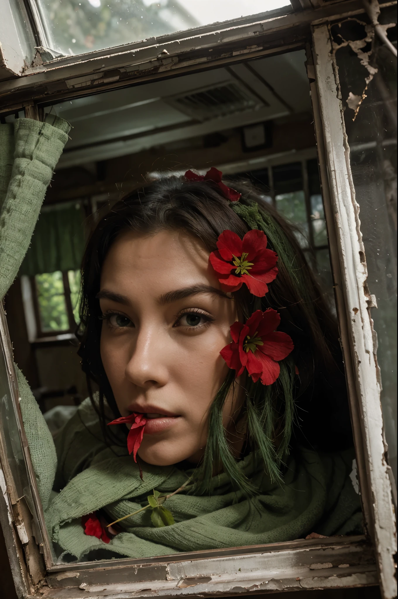 A solitary head with red flowers in the mouth, placed on a silver tray, within a broken window with mossy green curtains."