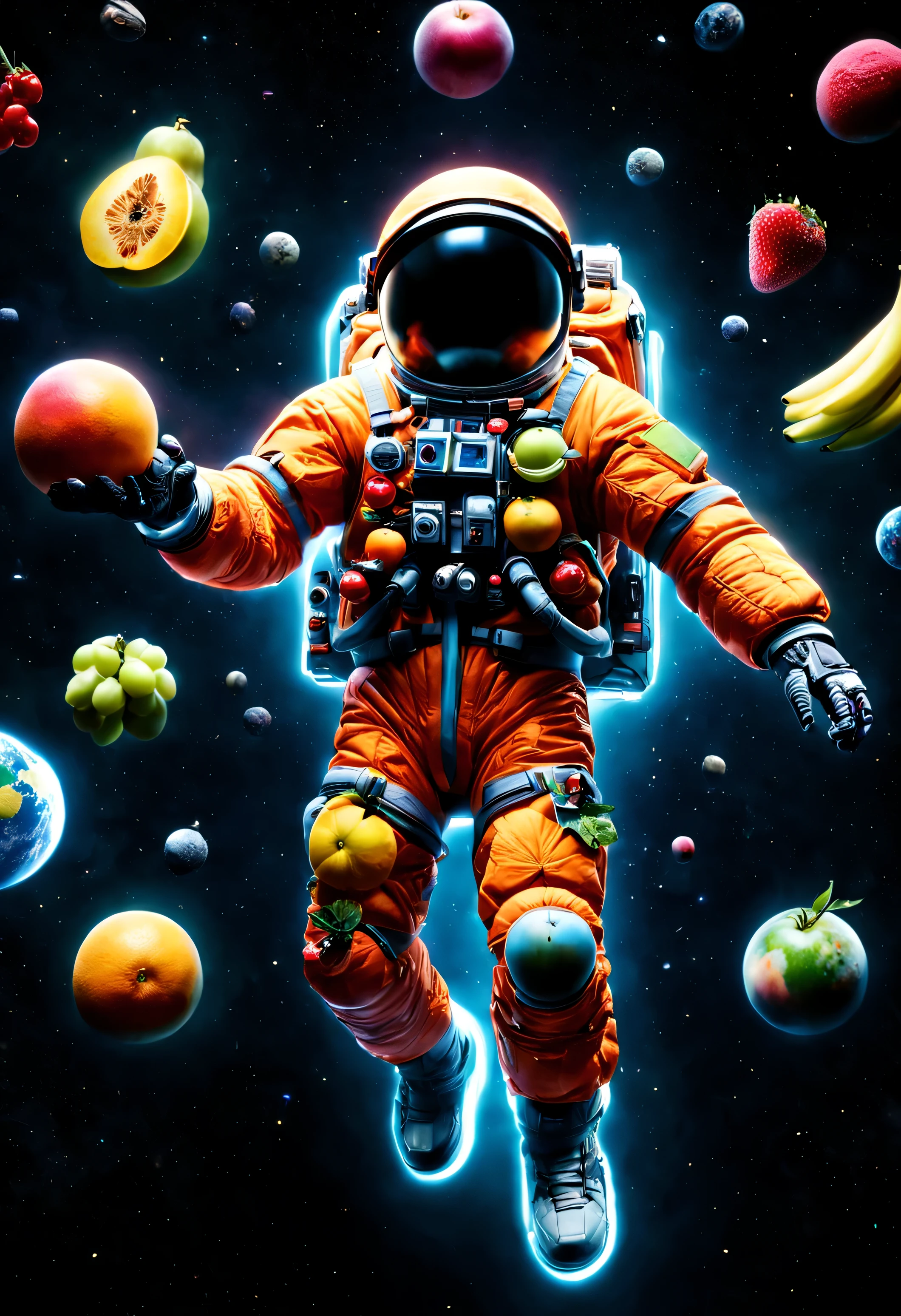 astronaut mad-frts floating in space, full body view, Earth in the background, neon, Fruit masterpiece, best quality, ultra high resolution, (photoactual, actual:1.2), deep shadow, original photo, film grain, 富士XT3, 8k ultra high definition, SLR camera