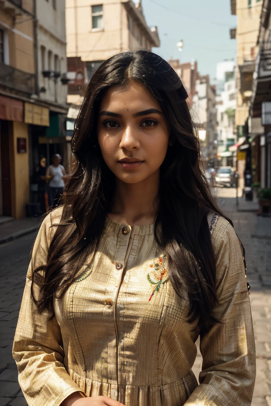 ultra-realistic photographs,Indian Instagram female model,mid 20s,9:16,mid-shot,beautiful detailed eyes,detailed lips,longeyelashes,long black wavy hair, naturally full eyebrows,perfectly formed nose,expressive face,attractive appearance,candid photo,vibrant and colorful frock, heavily embroidered, golden hour street background, serene atmosphere,stunning architecture,soft and natural lighting,vivid colors,photorealistic,HDR,highres,studio lighting,ultra-detailed,bokeh,fully covered clothes