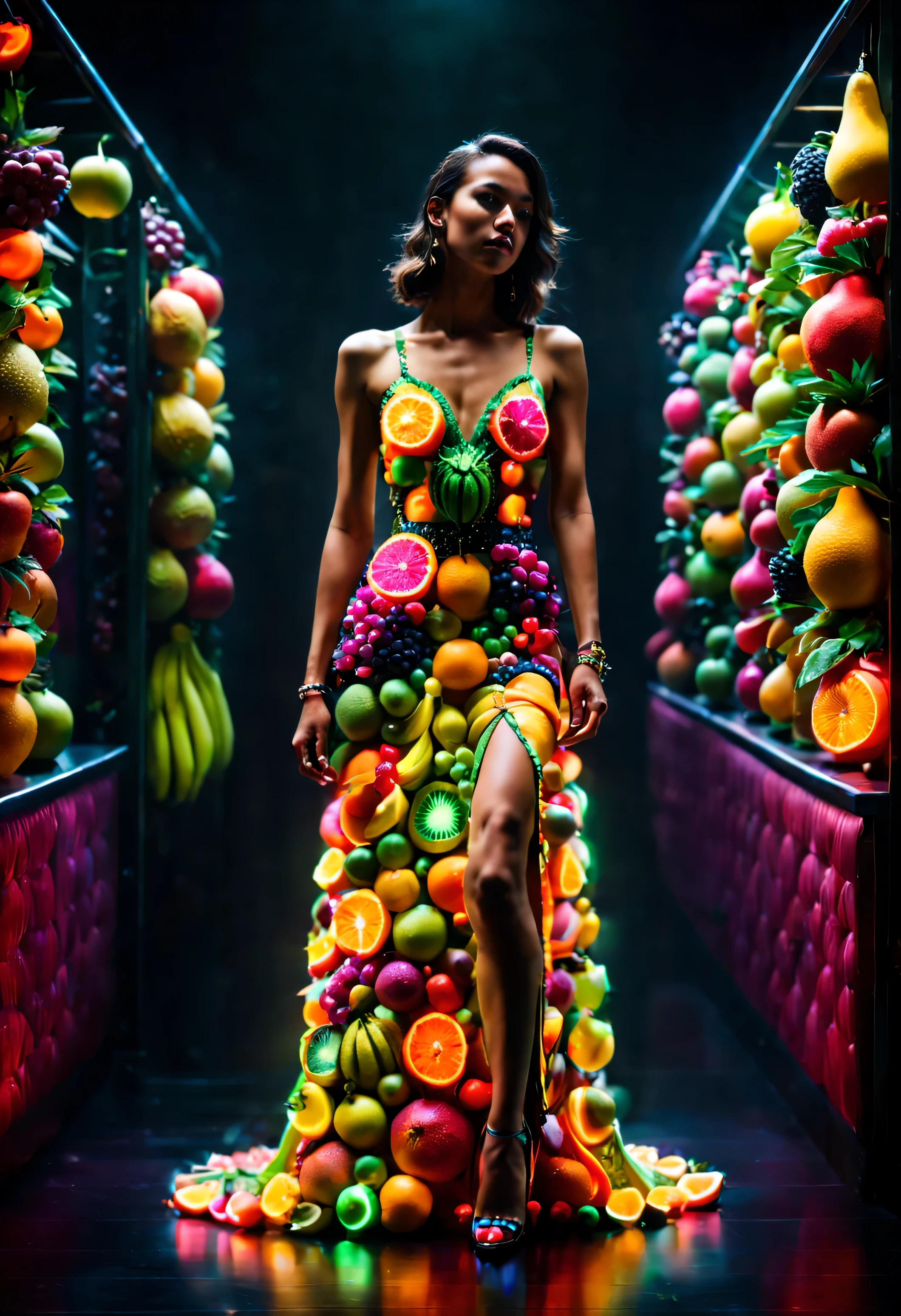 woman in crazy dress, neon, fruit, disco lights, Crowded nightclub masterpiece, best quality, ultra high resolution, (photoactual, actual:1.2), deep shadow, original photo, film grain, 富士XT3, 8k ultra high definition, SLR camera