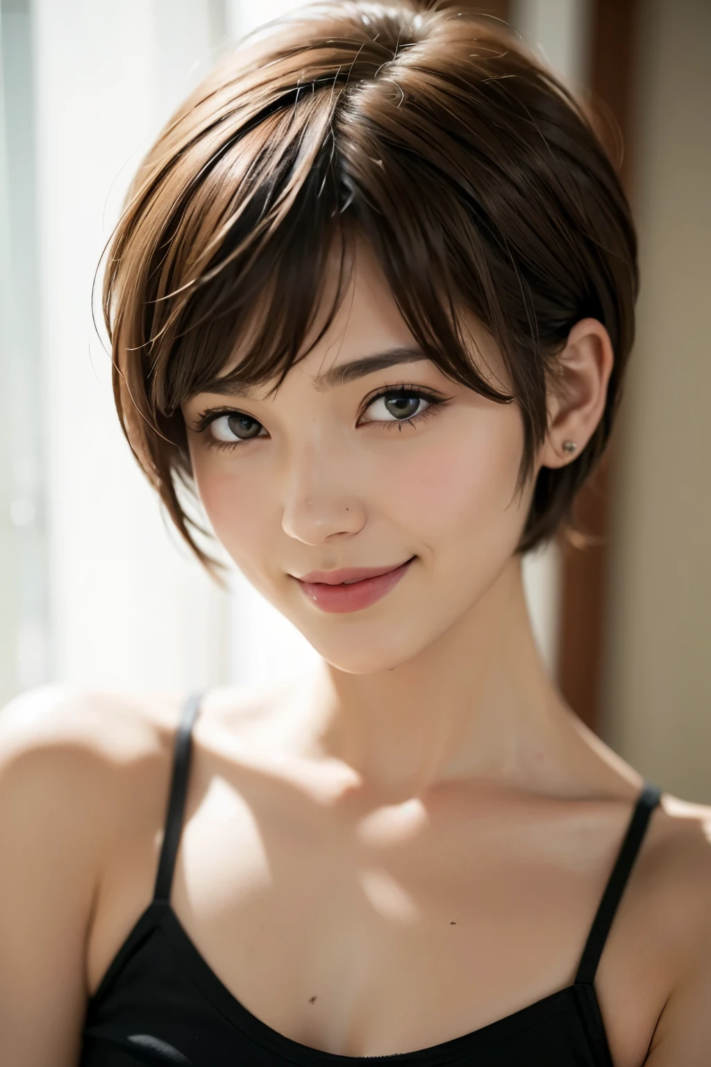 Pixie cut, very, very short hair, uneven tips, smile, brown hair, very short