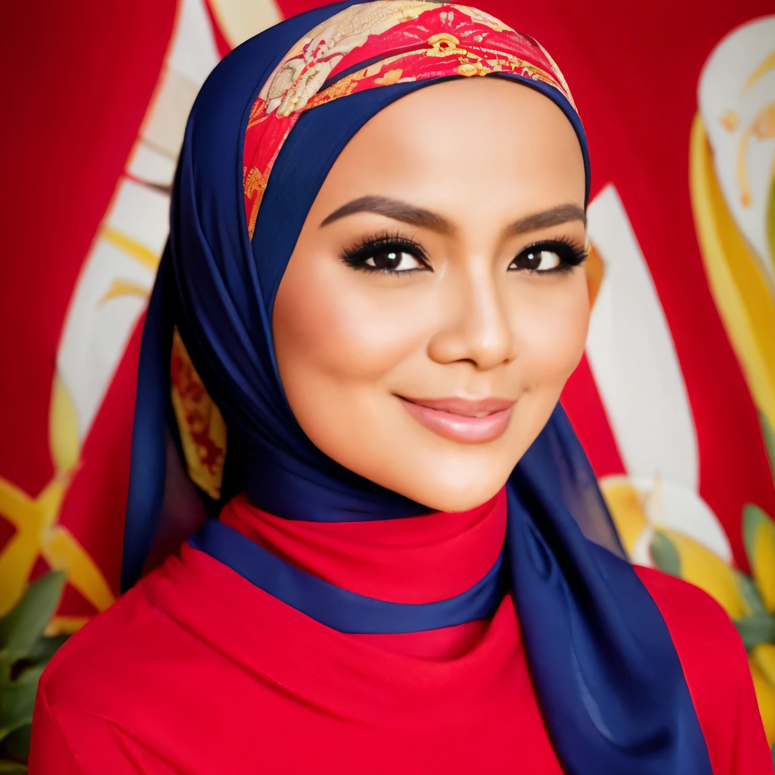 RAW, Best quality, high resolution, Masterpiece: 1.3),(close up face),Beautiful Malay Woman in Hijab,Masterpiece, The artwork depicts a Malay woman in a hijab wearing a long, tight light Red Muslim dress decorated with intricate patterns and bright colors. The dress covered her curvaceous figure perfectly. She walked in the flower garden illuminated by the soft light of the morning sun. The scene radiates smiles . Her graphic style combines watercolor techniques and digital illustration to evoke sophisticated beauty and charm. The lights are filled with soft sunlight, casting soft highlights and shadows on her charming features, three-dimensional facial features, 8k, RAW photo, best quality, high resolution, high quality photo, intricate, delicate turtleneck, necklace long, hairband, evening walk, plant garden, Great lighting, Bright colors, Clean lines