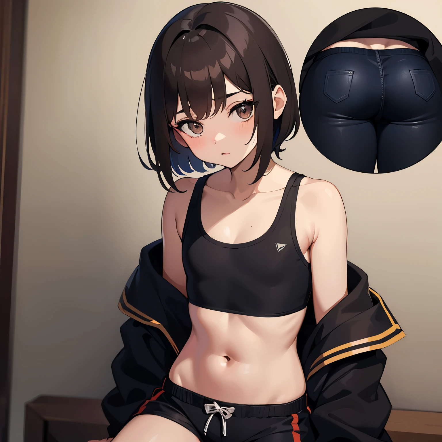 10 year old girl, Small, His dark brown hair reaches to his shoulders., Bare tops, The bottom is wearing a pair of tight shorts.