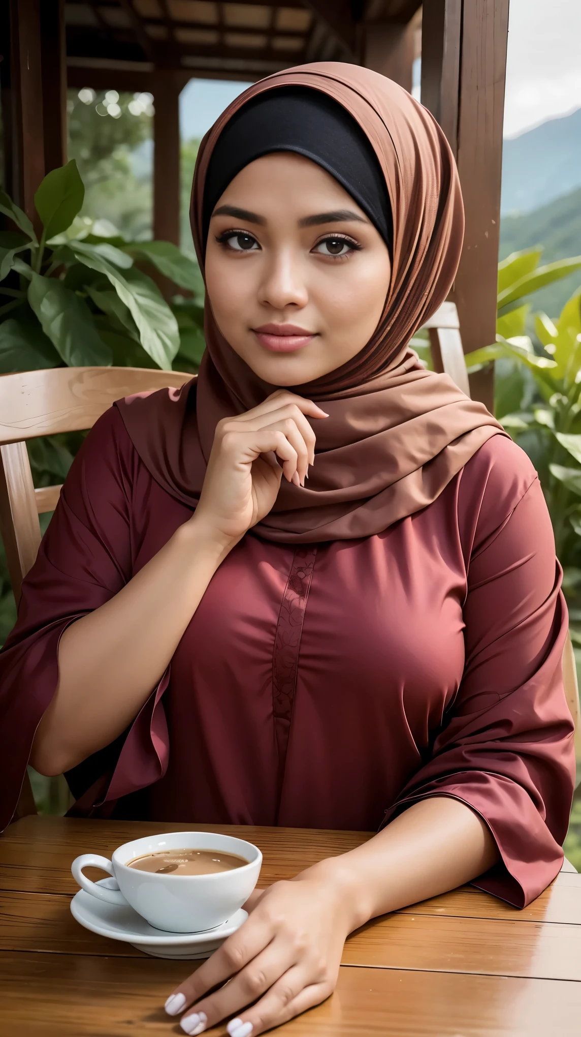 (Close Up),RAW, Best quality, high resolution, masterpiece: 1.3), beautiful Malay woman in hijab,Masterpiece, perfect fit body,big breast, big gorgeous eyes, Soft smile,beautiful face,thick thighs, woman in hijab sitting at a table with a cup of coffee, cute woman, portrait shot, hijab, mid shot portrait, 60mm portrait, high quality portrait, in mountains, traditional beauty, malaysian, 50mm portrait, realism art, 7 0 mm portrait, indonesia, gorgeous lady, attractive girl , located in flower garden, Excellent lighting, Bright colors, Clean lines